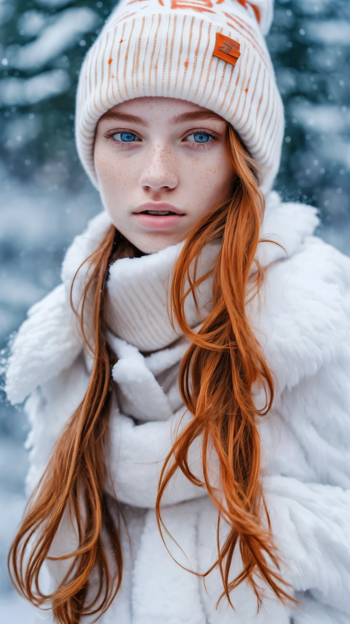 (masterpiece:1.2, best quality:1.2, RAW, DSLR photography, cinematic lighting, rim light), highly detailed face, 1girl, Russian girl, (freckles skin:1.3), perfect eyes, wearing winter clothes, beanie hat, close-up shot, facial focus, face and breast, against blurry bokeh snow field, trees, sunlight, sunray)