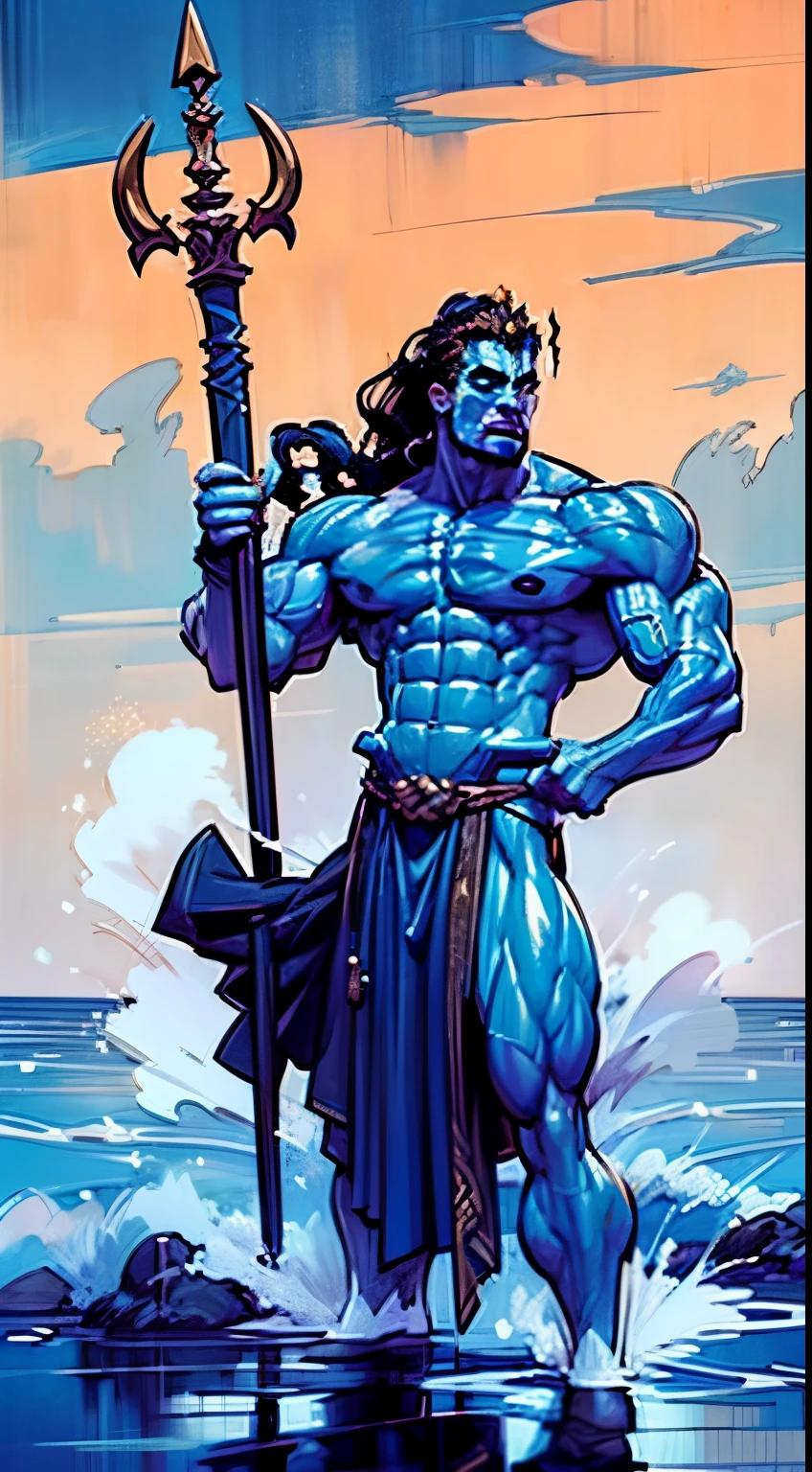 (Action pose:1.5), a painting of a (((muscular))) man with a spear and a large body of water, The God Poseidon, The God of the Sea, brown loincloth, golden crown, The God Hades, Poseidon, Charon, colored blue skin, colored skin, ((blue skin:1.3)), The Boatman of Hades, God of the Ocean, God of the Underworld, Hades, God Shiva the Destroyer, Furious God Zeus, Like an Atlantean, veiny biceps, chiseled abs, muscular legs, rugged face, long hair in ponytail, masterpiece, 8k