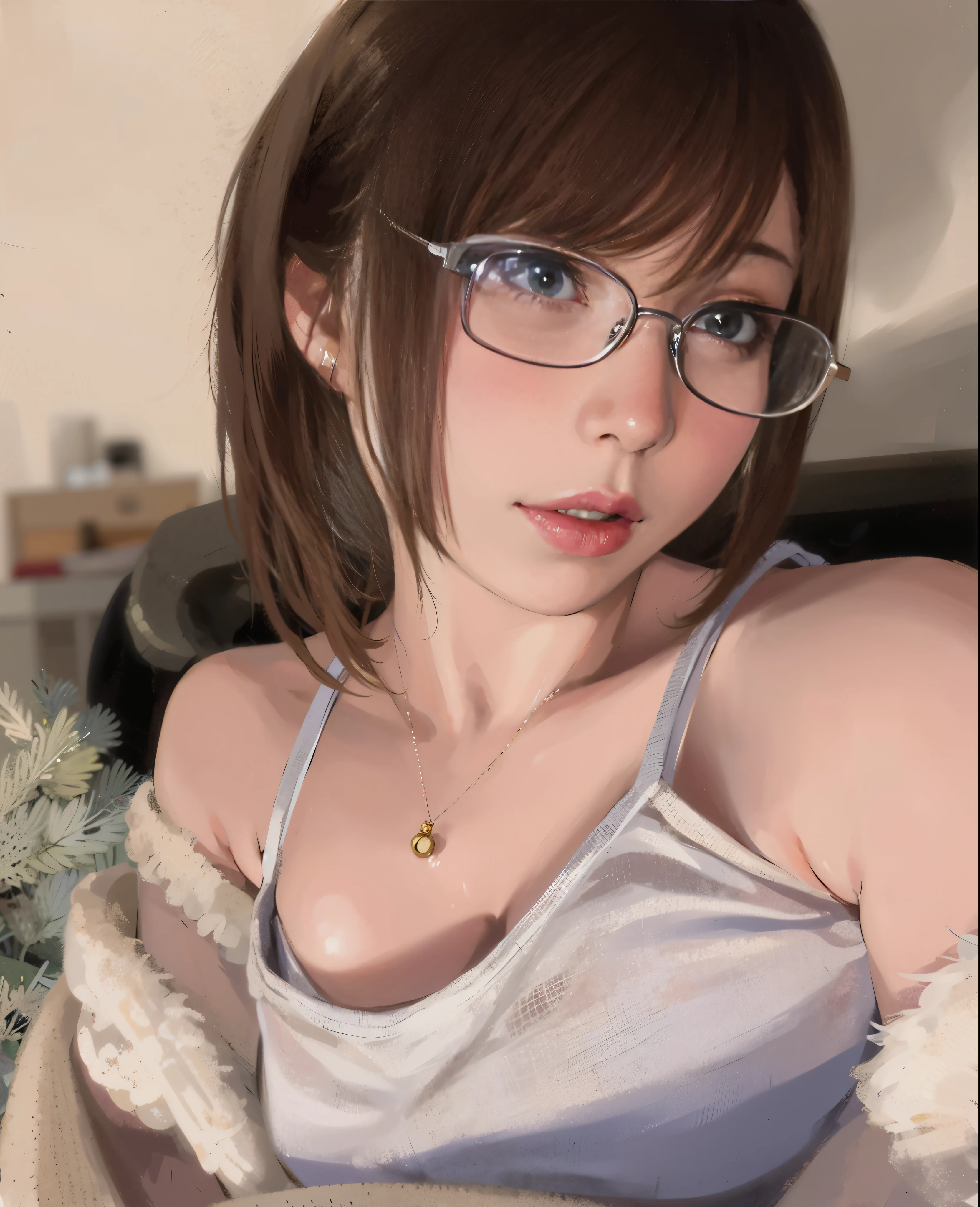there is a woman with glasses and a white shirt on, with glasses, was wearing glasses, Yoshitomo Nara, with glasses on, sakimichan, Wear thin, Big round glasses, clear lips and high quality, Chiho, Belle Delphine, shikamimi, no glasses, thick glasses, bedroom eyes, ayami kojima amano