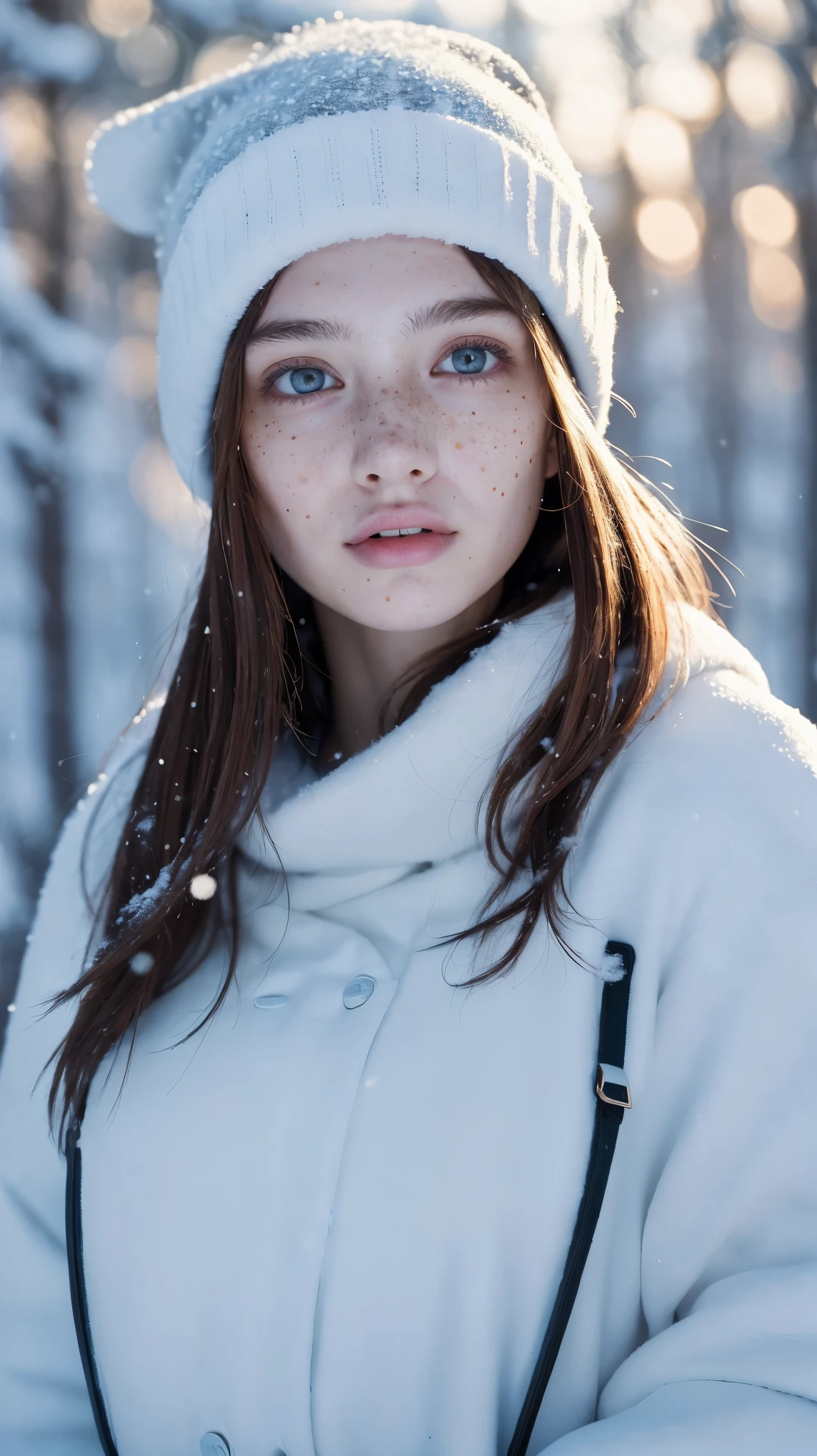 (masterpiece:1.2, best quality:1.2, RAW, DSLR photography, cinematic lighting, rim light, HDR), highly detailed face, 1girl, Russian girl, (freckles skin:1.3), perfect eyes, wearing winter clothes, beanie hat, close-up shot, facial focus, face and breast, against blurry bokeh snow field, trees, sunlight, sunray)