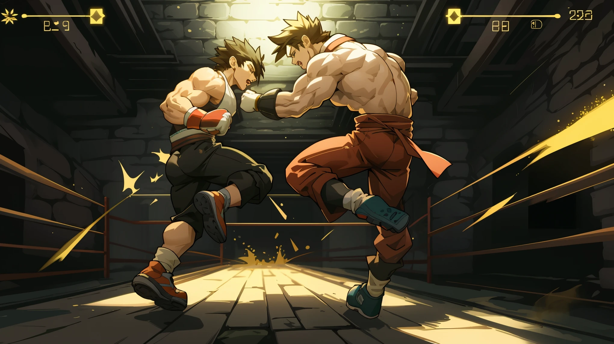 highres, absurdres, perfect anatomy(super handsome 2boys, pair)detailed background, User Interface of Fighting game, 3d, dungeon, jumping, punch, kick, full body, sound effects, motion blur, “VS”