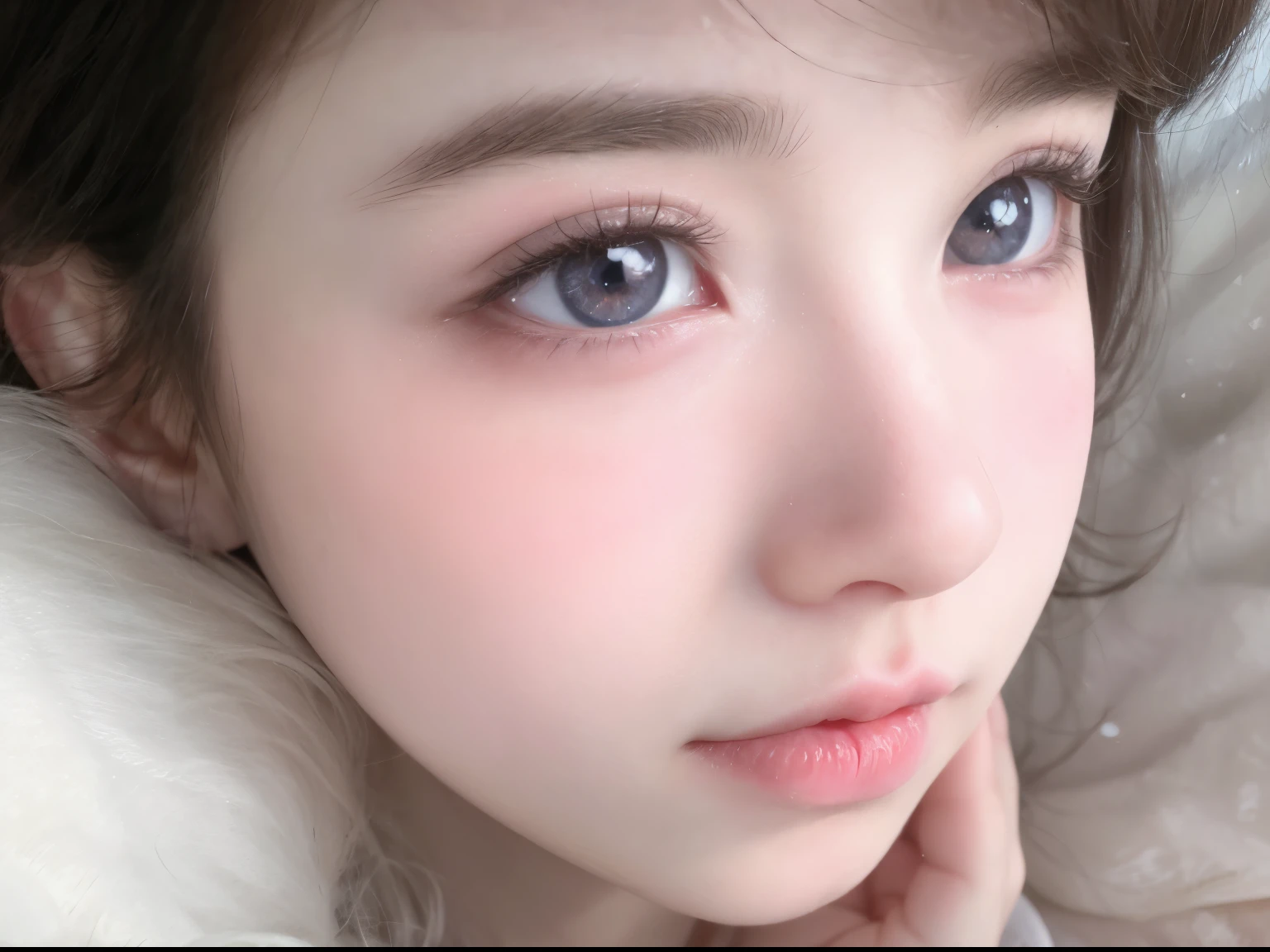 there is a close up of a girl with pink eyes, clear cute face, cute round slanted eyes, pale milky white porcelain skin, cute natural anime face, with cute doting eyes, realistic beautiful big eyes, detailed big eyes, kawaii realistic portrait, cute large eyes, soft eyes and narrow chin, clear lips and high quality, soft makeup