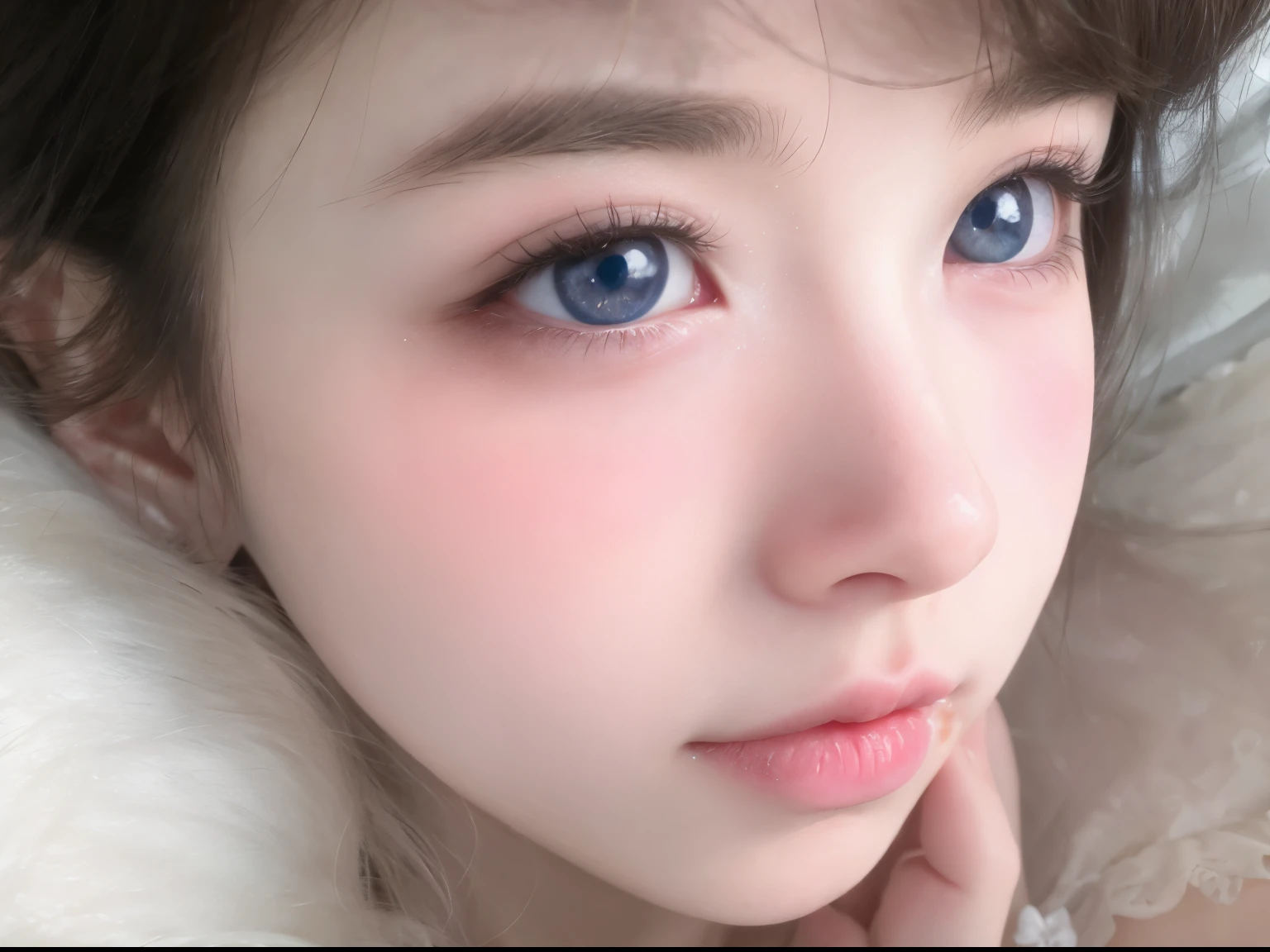 there is a close up of a girl with pink eyes, clear cute face, cute round slanted eyes, pale milky white porcelain skin, cute natural anime face, with cute doting eyes, realistic beautiful big eyes, detailed big eyes, kawaii realistic portrait, cute large eyes, soft eyes and narrow chin, clear lips and high quality, soft makeup