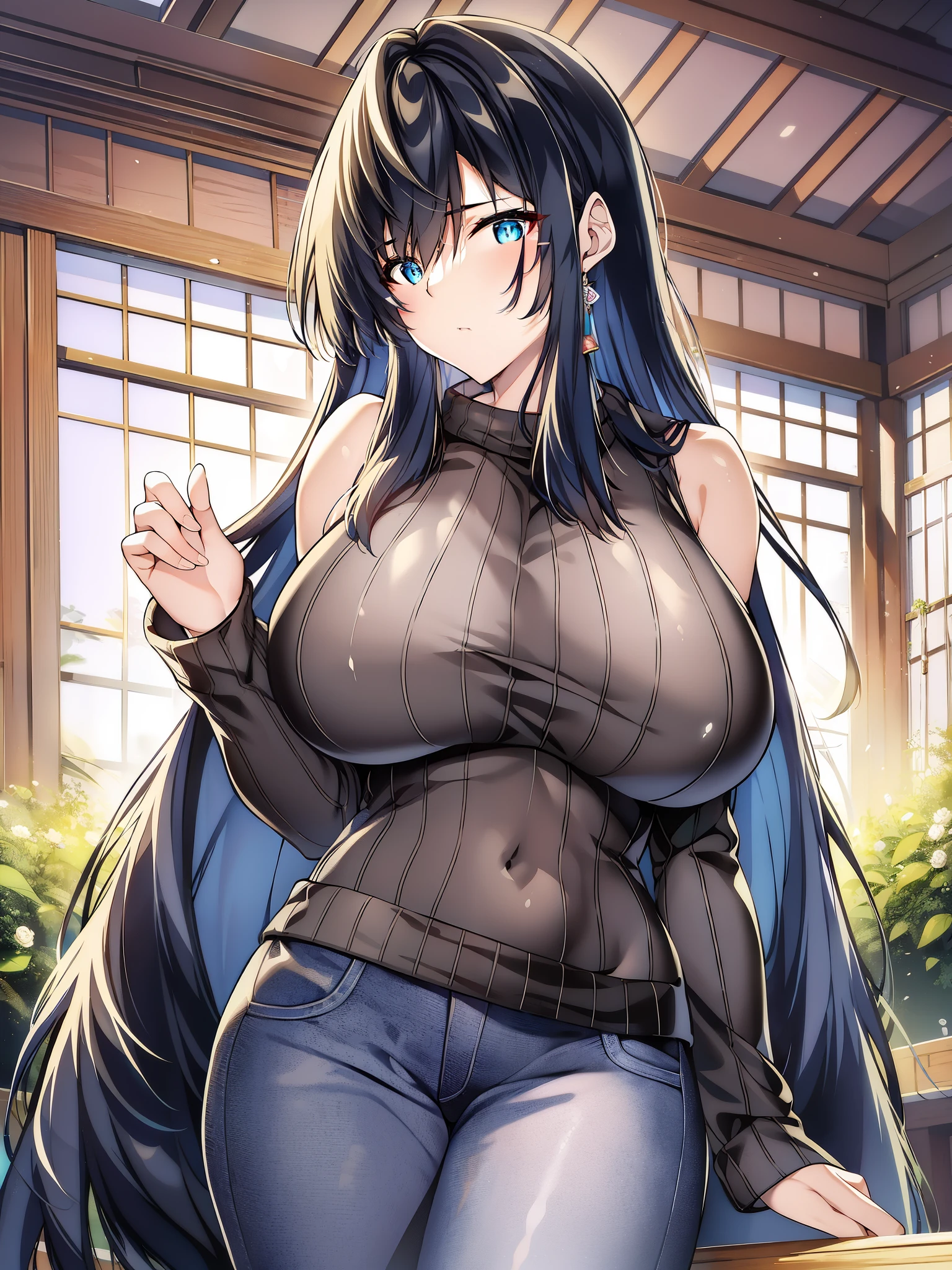 Summer spear、夏と田舎と幼馴染のmother、Tou Xia(mother、widow)、teacher、housewife、big breasts熟女、big breasts熟女、big breasts熟女、Tōh-hsien、One woman、beautiful breasts、long hair、solo、black hair、pants、jeans、big breasts、flower、jewelry、No sleeve、denim、earrings、blue eyes、sweater、bangs、look at viewer、bare shoulders、covered navel、very long hair、黒いsweater、ピンクのflower、rose、cowboy shot、closed your mouth、blush、side lock、turtleneck、aqua eye、リブsweater、hair between eyes、big breasts、青いpants、one eye hair、黄色いflower、shirt、luster、No sleeveturtleneck、standing、pink rose、No sleevesweater、whole body、outdoor、garden、wood、