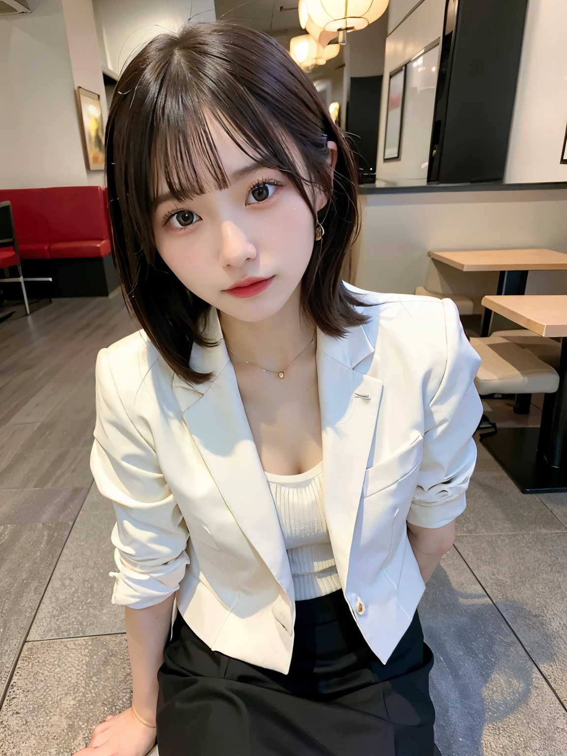 One woman, (((Beautiful and cute Japanese))), (((Young actress))), (((Slim face: 1.3))), (((Business suit and jacket, pencil skirt)))) , ((straight bangs: 1.1)), ((sitting in a cafe)), surreal, excessive Details, most realistic, perfect quality, perfect anatomy, double eyelids, ((((shy face)))), 8K, cinematic photo, evil smile, ((cafe background: 1.1)) (( lora :zuhirose 1.6)), ((8k, hyper-detailed, realistic)), detailed skin, detailed face, highest quality realistic textured skin, high resolution