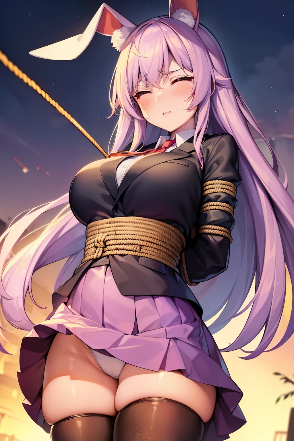 ((close eyes)), scowl, sweat, blush, trip, 1 girl, Jacket, uniform, blazer, shirt, red_tie, pink_skirt, (table top, highest quality), High resolution, break ((1 girl)), alone, red面, ((((Hanging with a rope)))), ((tied up with a rope)), (((it hurts))), (((close eyes))), red面, sacred, anger, (((from below))), ((big breasts)), surreal, Extremely detailed, detailed face, highly detailed texture, (shiny hair:1.05), (shiny skin:0.97), (Big eyes:0.95), thick thighs, wide hips, thigh high socks, trip_Udon beans_Inaba, Bunny ears, light purple hair, red Eyes, long hair, ((black blazer)), pink pleated skirt, Crescent Badge, School uniform, ((shibari)), ((((((The rope is wrapped around the body many times.)))))), wrapped in rope, ((((bondage)))), ((Rope bondage)), ((((hands tied behind)))), ((((turn your arms behind your back)))), concrete floor, concrete wall, basementで, basement,