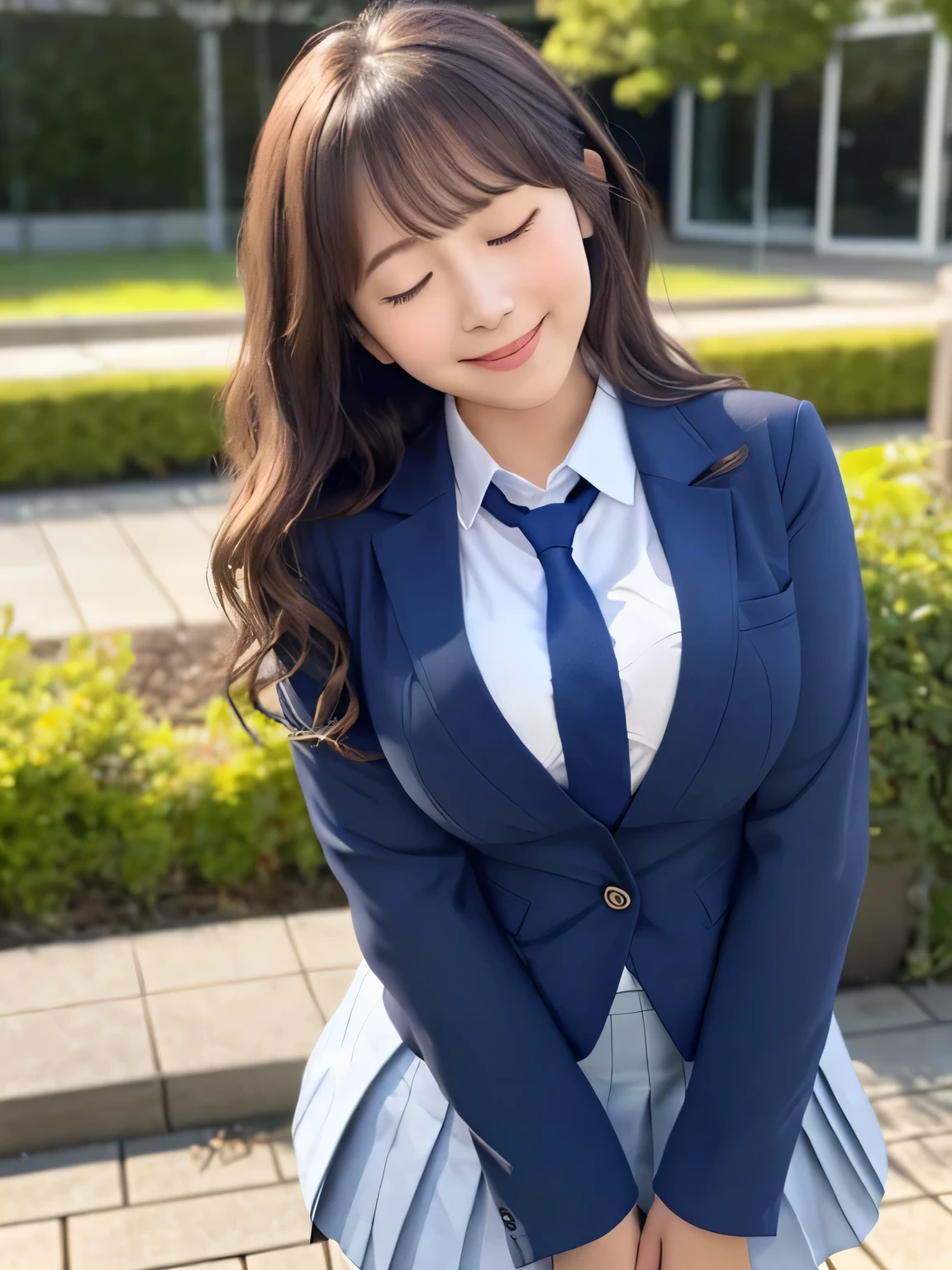 8k, highest quality, real image, intricate details, Super detailed, ultra high resolution, depth field,(realistic,realistic:1.2), (closed my eyes:1.3), from the middle, 1 Japanese girl, very beautiful 17 year old girl, Big eyes, beautiful breasts:1.5、highly detailed eyes:1.2), (beautiful breasts:1.1), (small breasts:1.5), wavy hair、curly hair、bangs, perfect skin, Fair skin, huge hips, thick thighs, thick legs, cleavage, tight waist, light blush, alone, looking at the viewer, (smile:1.4), ((School_uniform),(dark blue blazer), (white shirt、wear a tie), (gray pleated skirt), (sculpture installation :1.1)