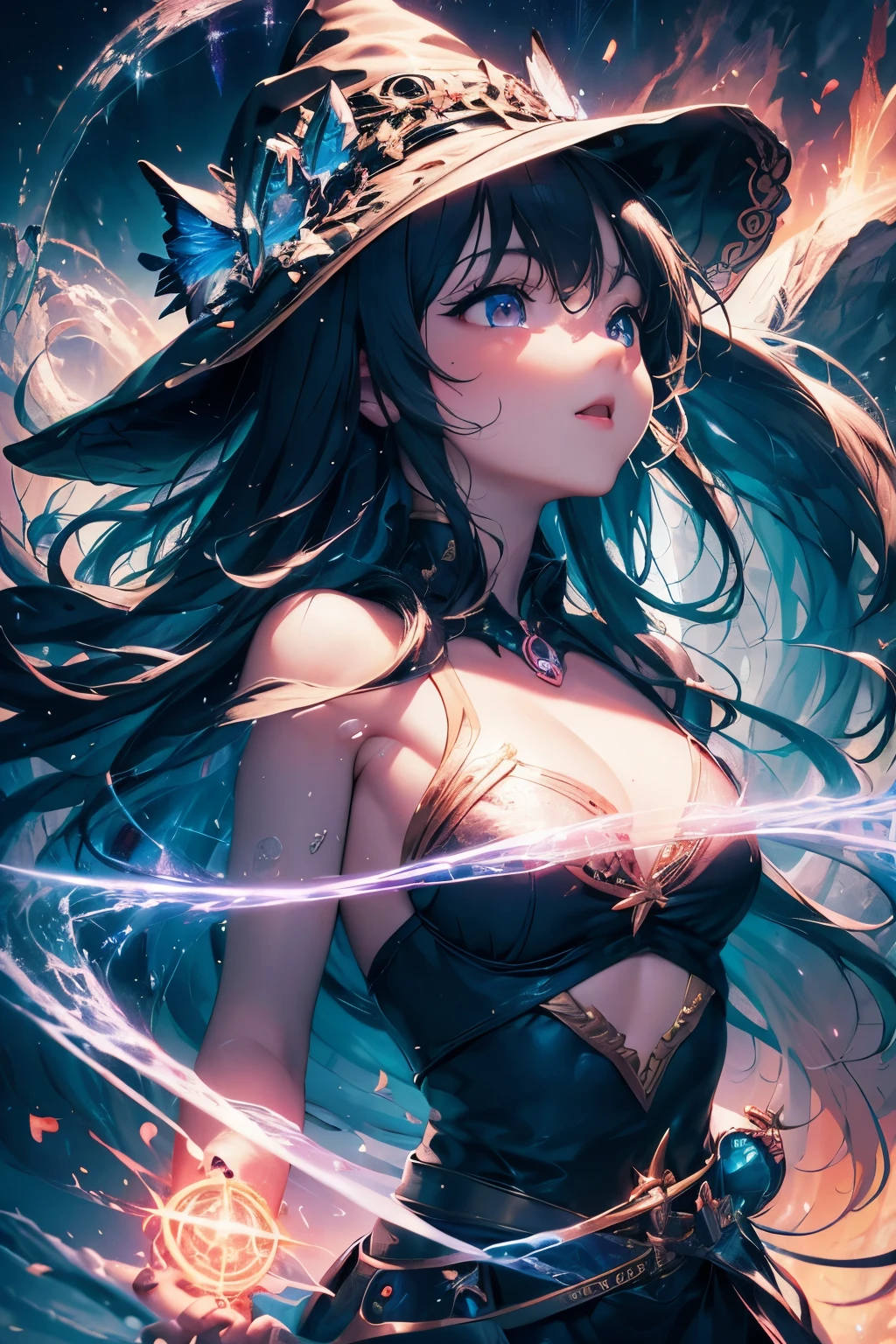 4K:1.3,catch light,Super beautiful illustration,wizard,girls,lively,cute,colorful magic