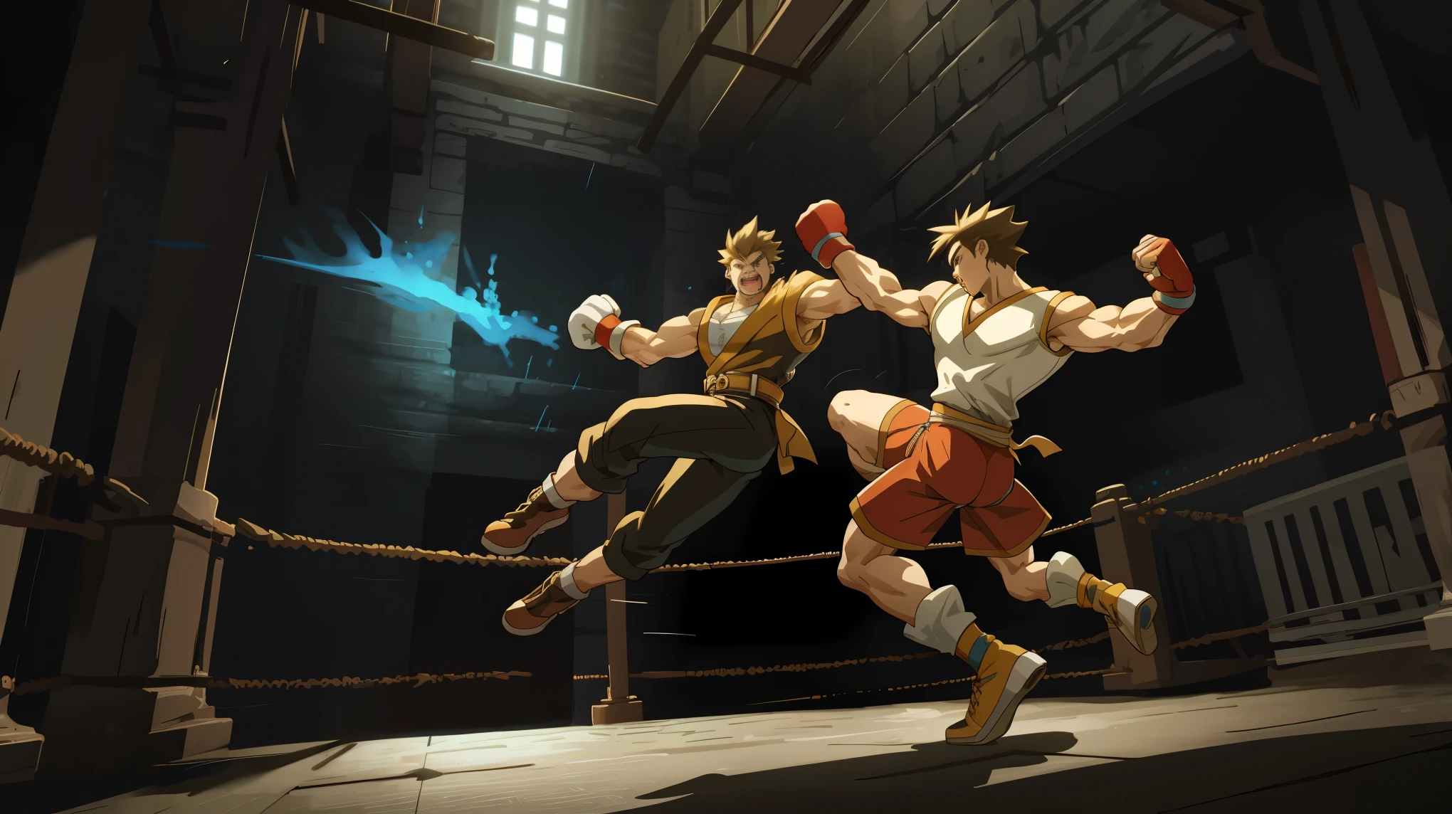 highres, absurdres, perfect anatomy(super handsome 2boys, pair)detailed background, User Interface of Fighting game, 3d, dungeon, jumping, punch, kick, full body, sound effects, motion blur, “VS”