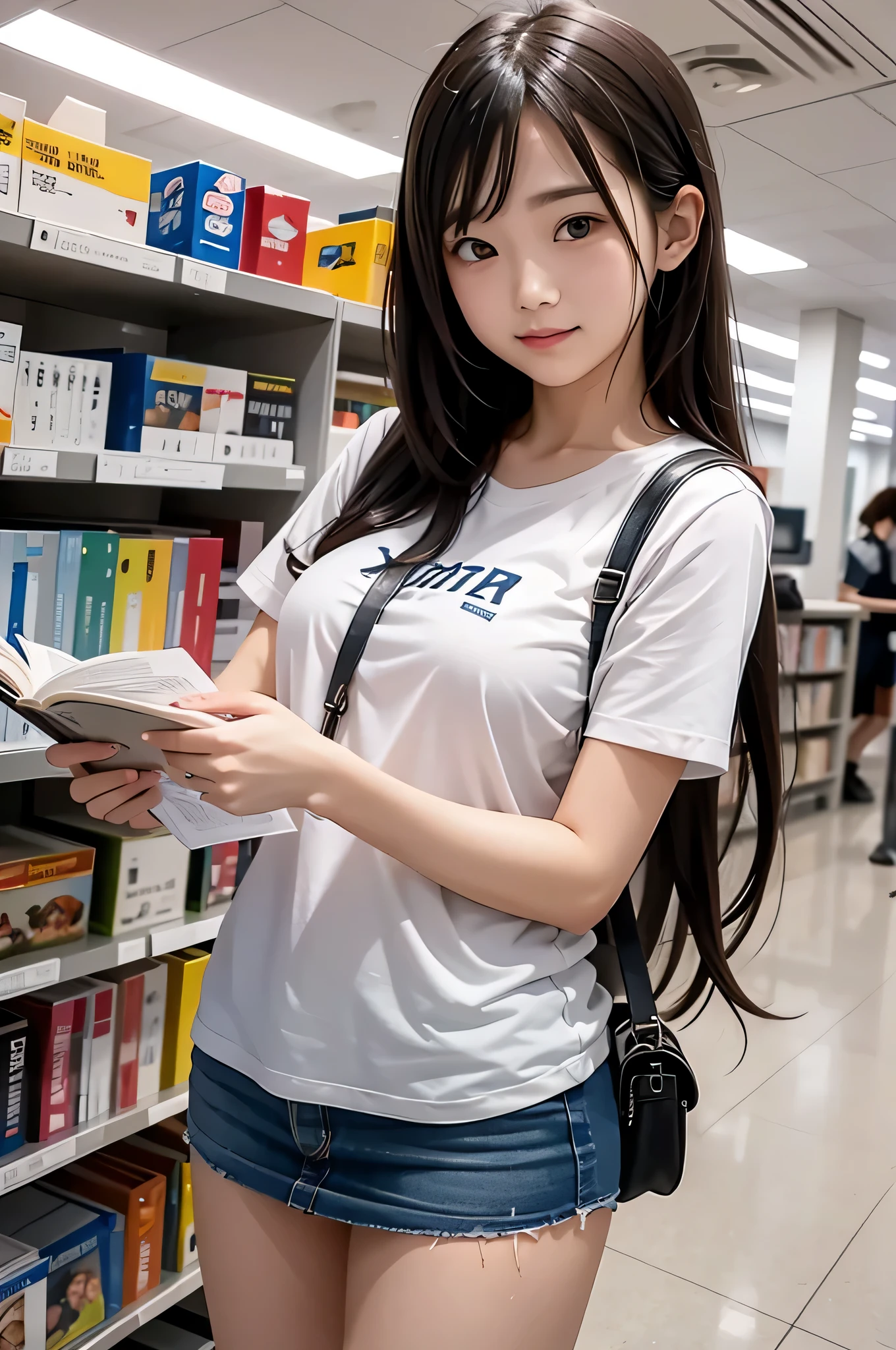 Wear a super mini skirt、I am a 20 year old female college student.、Holding a large stack of documents in both hands at the library