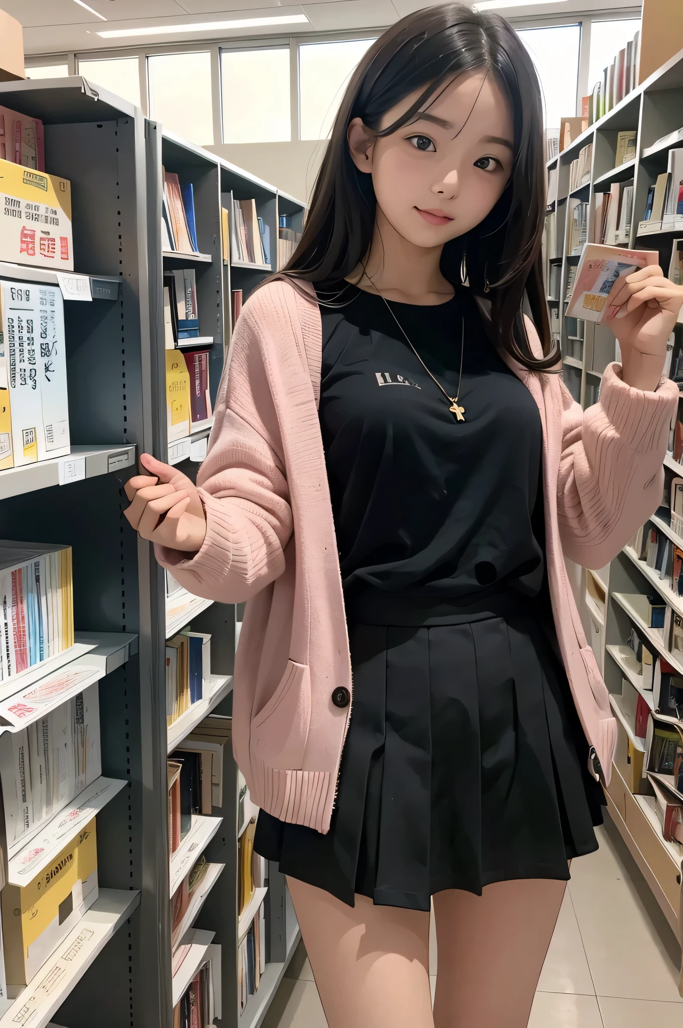 Wear a super mini skirt、I am a 20 year old female college student.、Holding a large number of books in both hands at the library