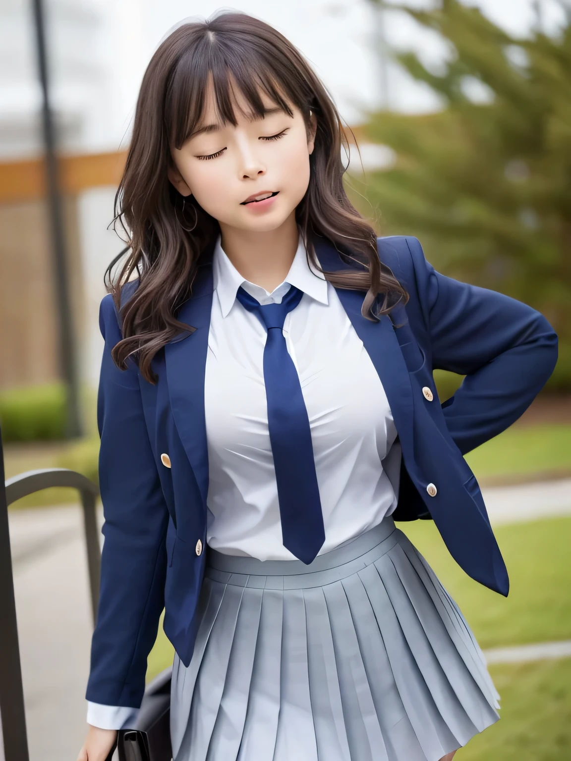 8k, highest quality, real image, intricate details, Super detailed, ultra high resolution, depth field,(realistic,realistic:1.2), (closed my eyes:1.3), (open mouth:1.4), from the middle, 1 Japanese girl, very beautiful 17 year old girl, Big eyes, beautiful breasts:1.5、highly detailed eyes:1.2), (beautiful breasts:1.1), (small breasts:1.5), wavy hair、curly hair、bangs, perfect skin, Fair skin, huge hips, thick thighs, thick legs, cleavage, tight waist, light blush, alone, ((a tearful look:1.2), (School_uniform),(dark blue blazer), (white shirt、wear a tie), (gray pleated skirt), (sculpture installation :1.1)