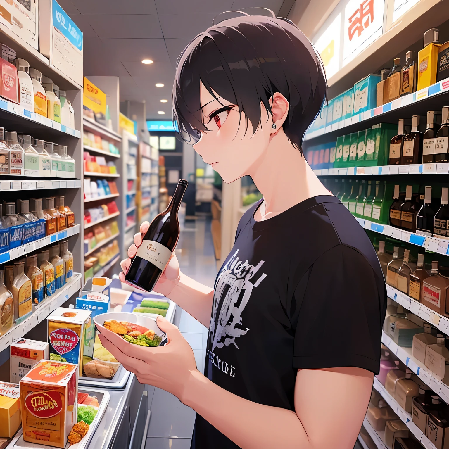 (looking away:1.5), side angle, holding a wine bottle, masterpiece、highest quality、(25 year old male:1.5) and (brown short hair) and (red eyes), Wearing a plain black T-shirt、Are standing、serious expression、The background is a liquor store、(Alone:1.5)