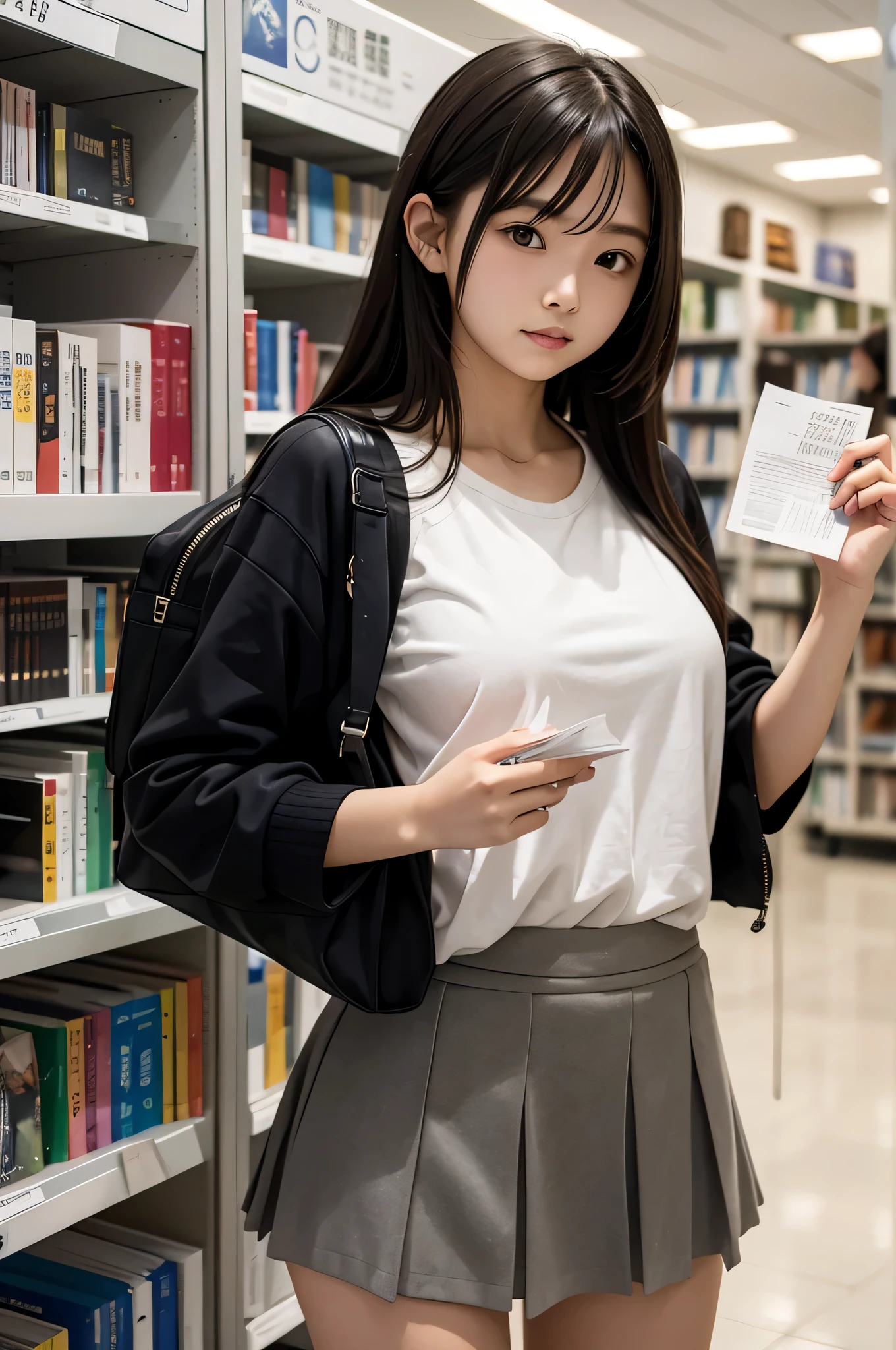 Wear a super mini skirt、I am a 20 year old female college student.、Holding a large amount of paper in both hands at the library