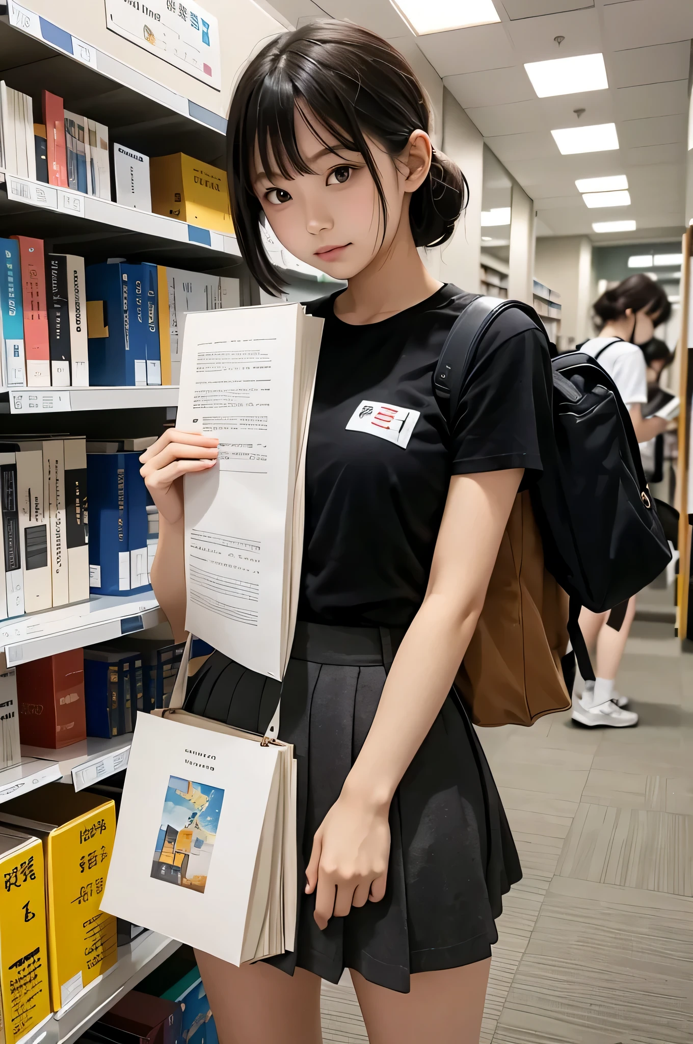 Wear a super mini skirt、I am a 20 year old female college student.、Holding a large amount of paper in both hands at the library