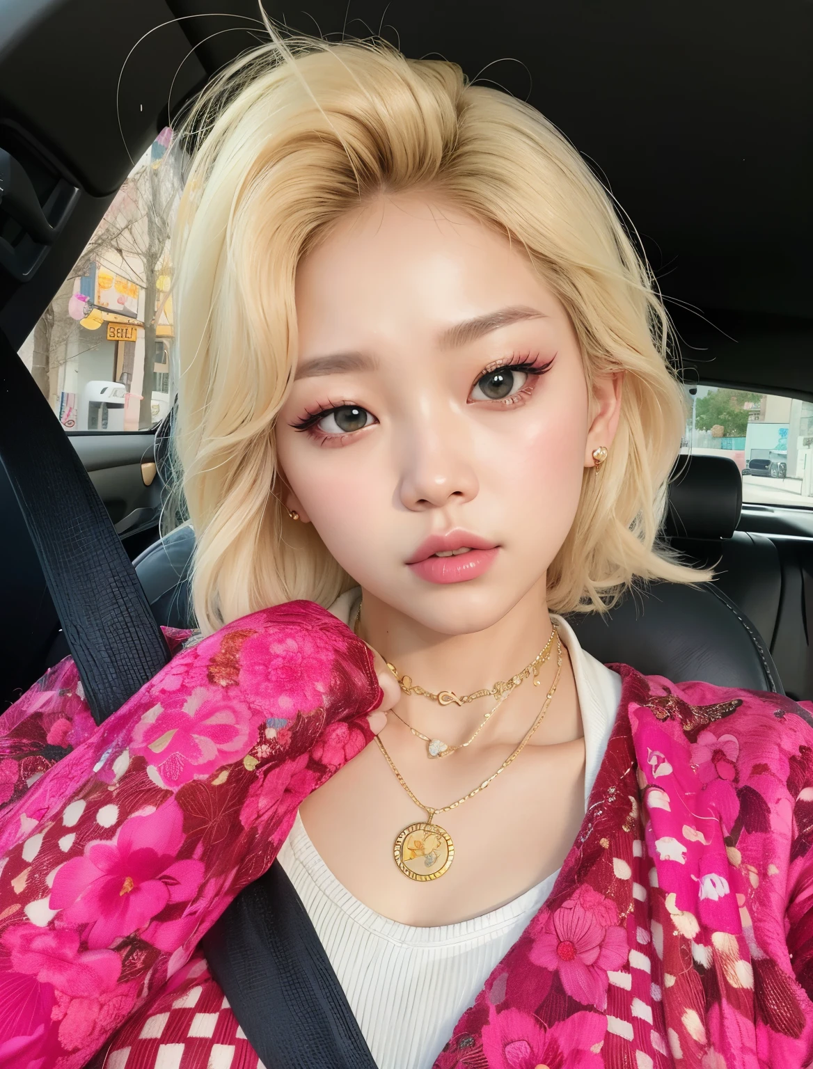 blond woman with a pink jacket and a necklace in a car, roseanne park of blackpink, popular south korean makeup, heonhwa choe, cl, taejune kim, blackpink jennie, sun yunjoo, popular korean makeup, jimin\'s right eyelid swollen, portrait of jossi of blackpink, jimin\'s plump lips, the hime cut