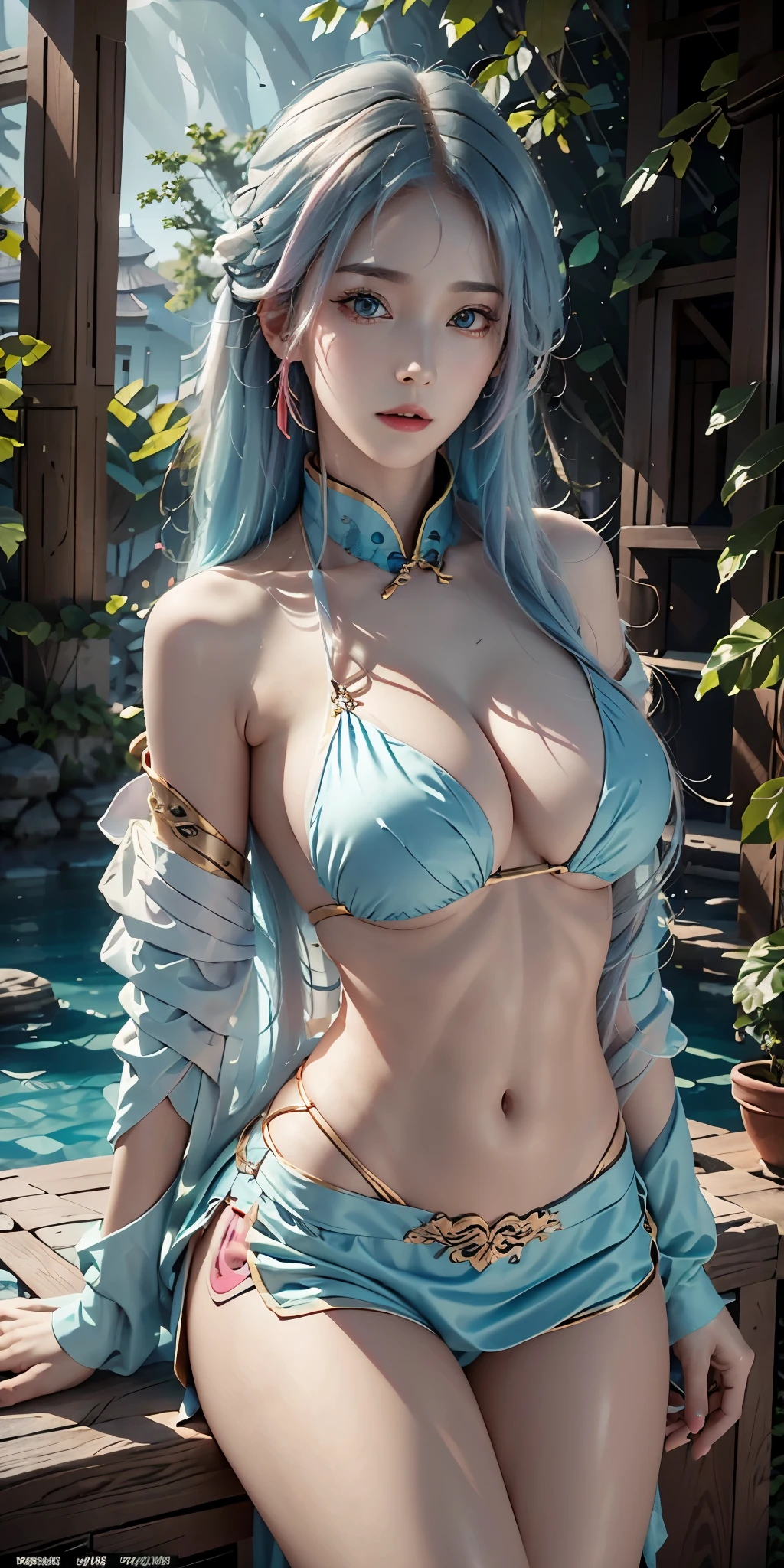 lifelike, high resolution, soft light,1 female, alone, Buttocks up, Shiny skin, (Detailed face),tattoo, jewelry, (rainbow hair,Colorful hair,half blue half pink hair:1.2), red hanfu, Chinese architecture,wearing a skirt，Upper body, ( big breasts, Sexy, beautiful, Perfect body: 1.3)