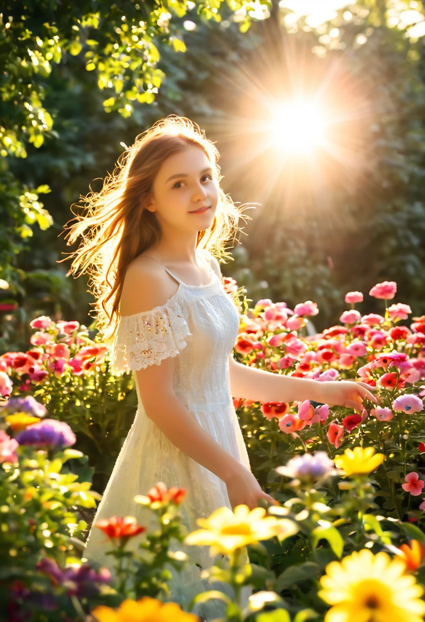 girl, flower garden, sunlight