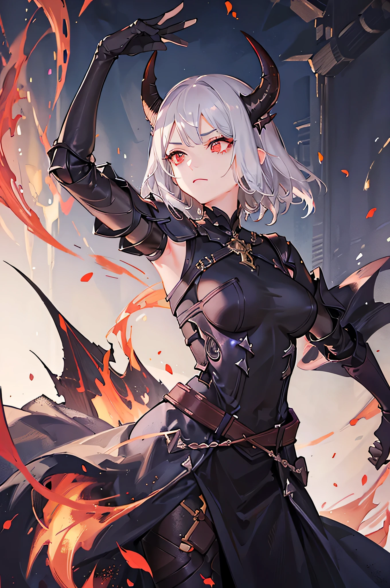 top quality, masterpiece, high resolution, dark atmosphere, 1 person, female, silver hair, Short hair, scattered hairstyle, red eyes, forehead, dead pan, dark background, distinct eyes, top to bottom, big eyes, looking ahead, dark eyelashes, eyeliner, Armor, dark hairpin, Stretch your arms forward, upper body, Dragon's horns