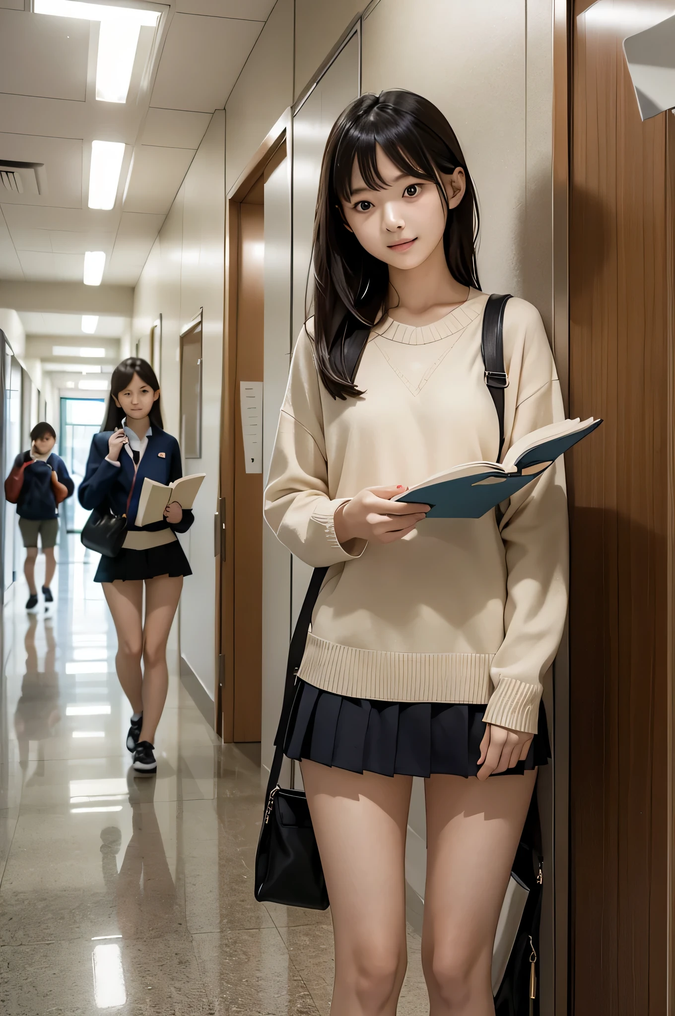 Wear a super mini skirt、I am a 20 year old female college student.、Holding a large amount of books in both hands in a university hallway