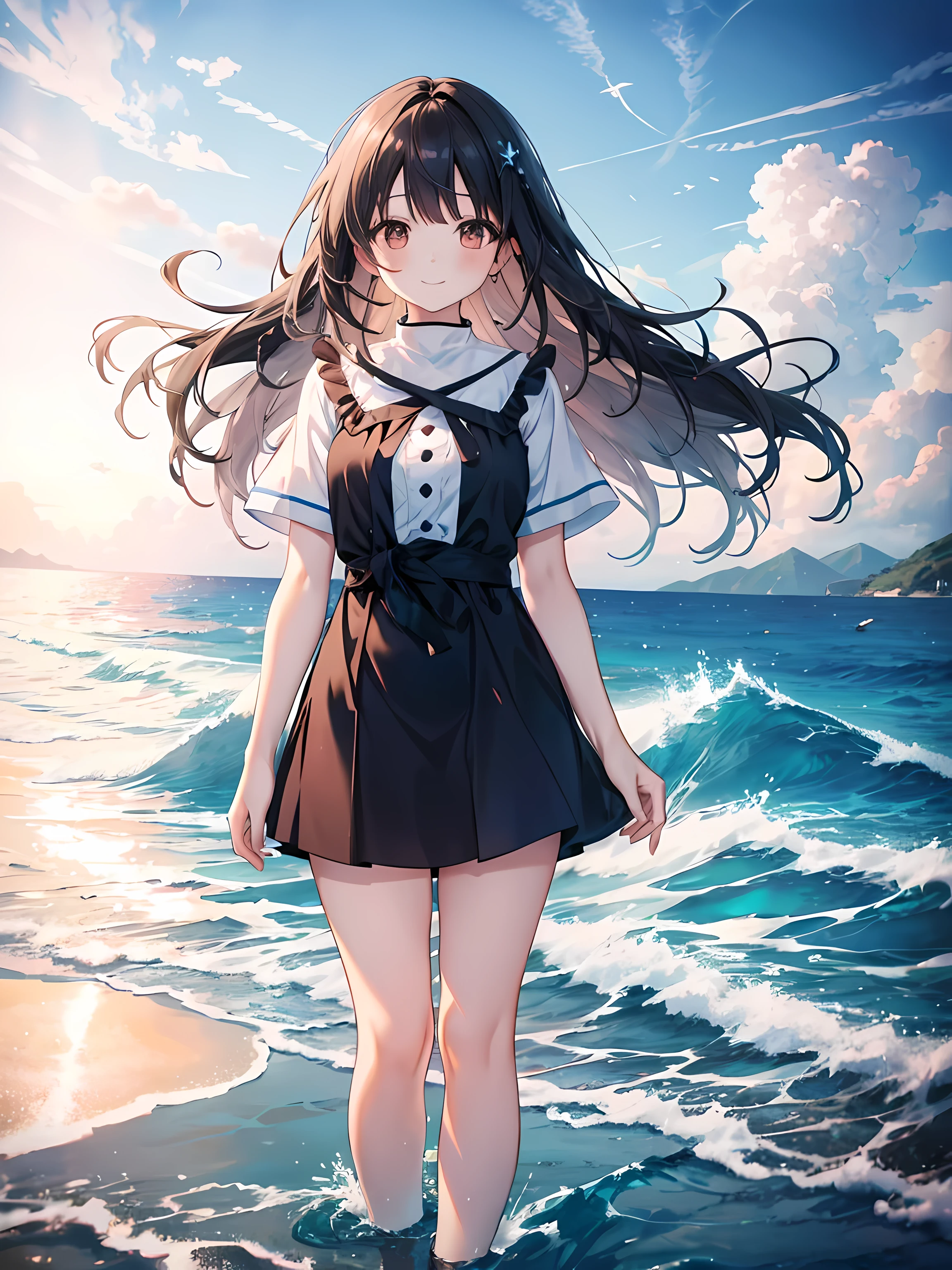anime girl standing next to the ocean, beautiful water, beautiful sunlight, blowing wind, waves, (1girl), long black hair, brown eyes. short sleeves blue short dress, white stocking, smile, good lighting quality, ultrasharp, masterpiece, high res, 8k