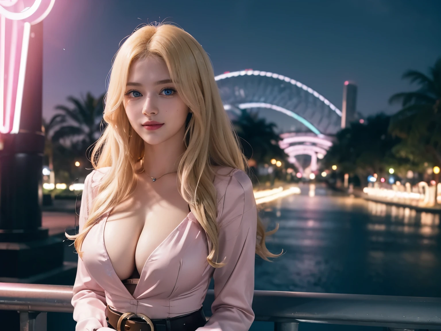 1girl, (Blue eyes), (smile), (close-up at faces :1.3), (Sana Minatozaki), (wide hips), Big , (big ass), (Best Quality, 8k, Masterpiece: 1.3), perfect hands, Clear Focus: 1.2, Perfect Body Beauty: 1.4, Strongs Abs: 1.2, Highly detailed face and skin texture, detailed eyes, double eyelids, (blonde long hair :1.1), (cleavage pink blouse), leather belt, jeans, in a park at night, standing, dynamic pose, night city in the background