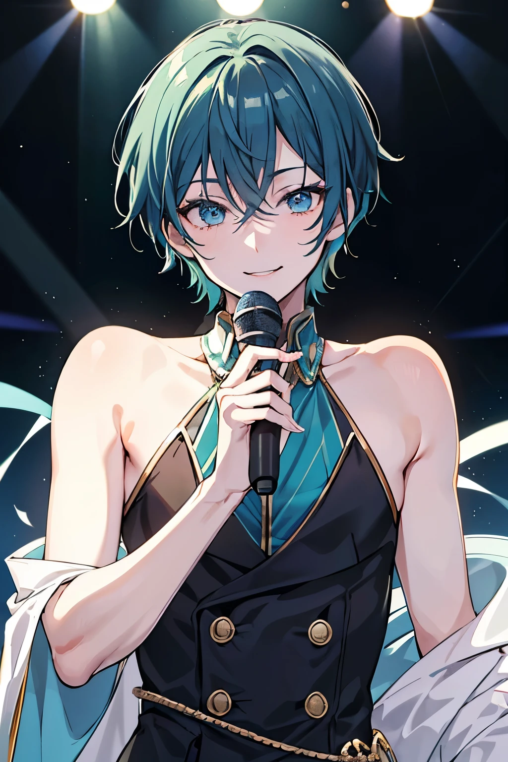 male　dark green hair　blue eyes　very short hair　one person　Idol　Idol衣装　stage　microphone　smile　masterpiece　Highest image quality　noise removal　clear parts 　cinematic shadow　Increases the attractiveness of the eyes　clear parts the shine of the eyes　draw eyelashes neatly　perfect eyes　detailed eyes　sharpen image quality　sharpen eye writing　clear parts eye shape