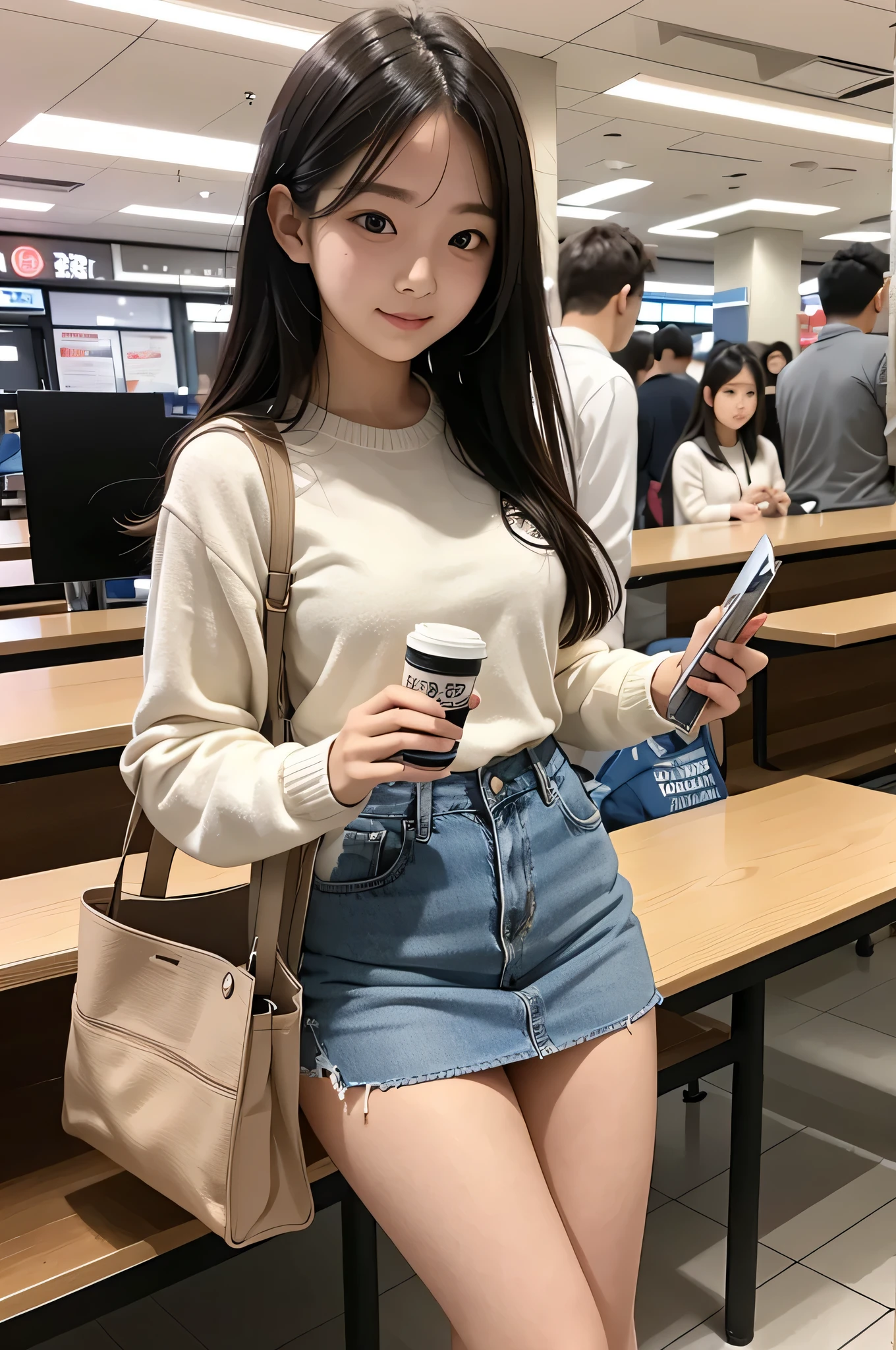Wear a super mini skirt、I am a 20 year old female college student.、Holding a large amount of materials in both hands in the university cafeteria