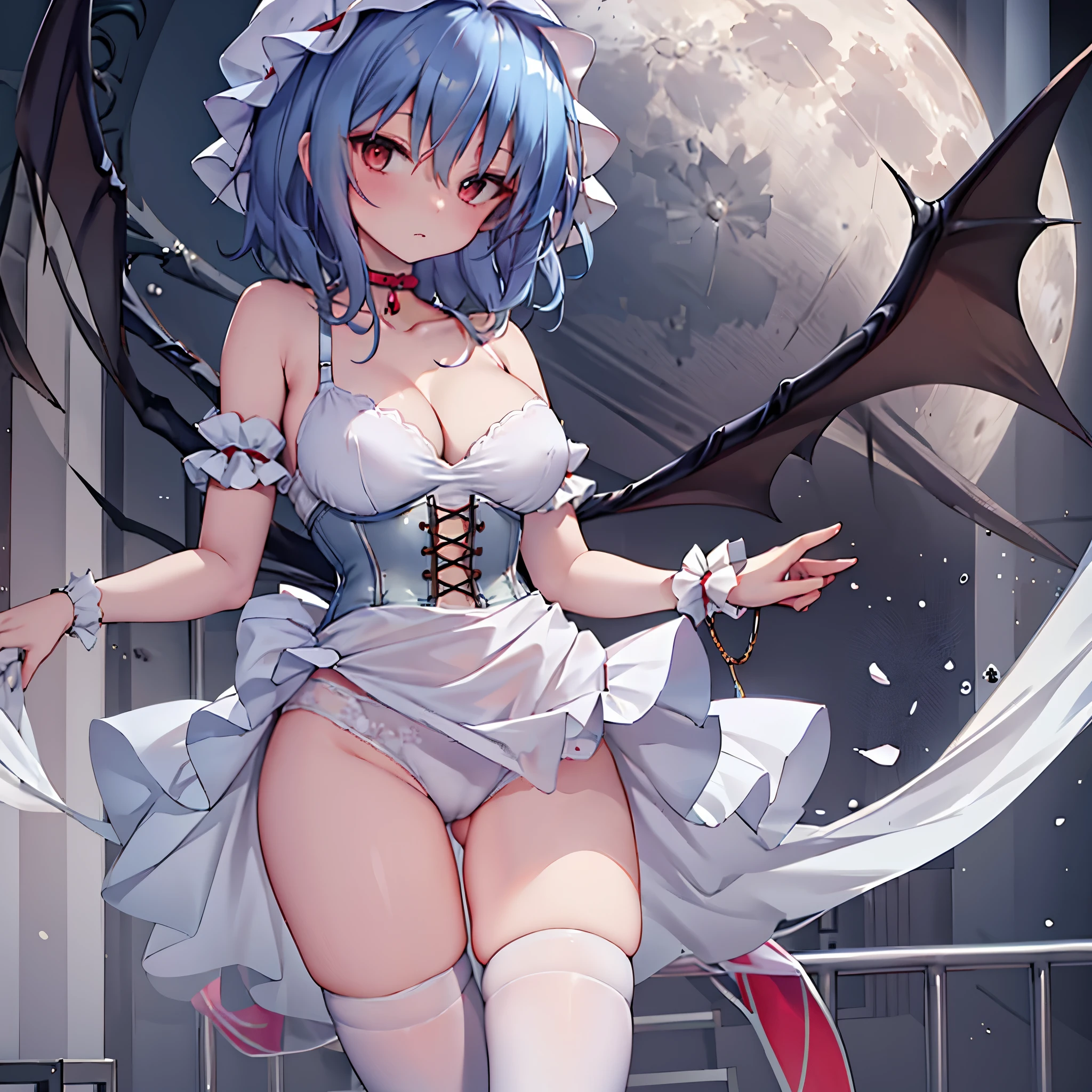 (Remilia toho character), (solo:1.2), (standing on the deck of mansion:1.1), a full moon, midnight, BREAK, short hair, collarbone, (emphasize very perky large breasts:1.1), (emphasize cleavage:1.2), (inconceivably thin narrow waist:1.3), (very short thin torso:1.2), very long (thin legs), emphasize thigh gap, BREAK, (very short sheer white dress), shoulder straps, (brown inconceivably wiry corset cinches waist too tight:1.5), frilled (too short white miniskirt), (light blue thighhighs), BREAK, nose blush