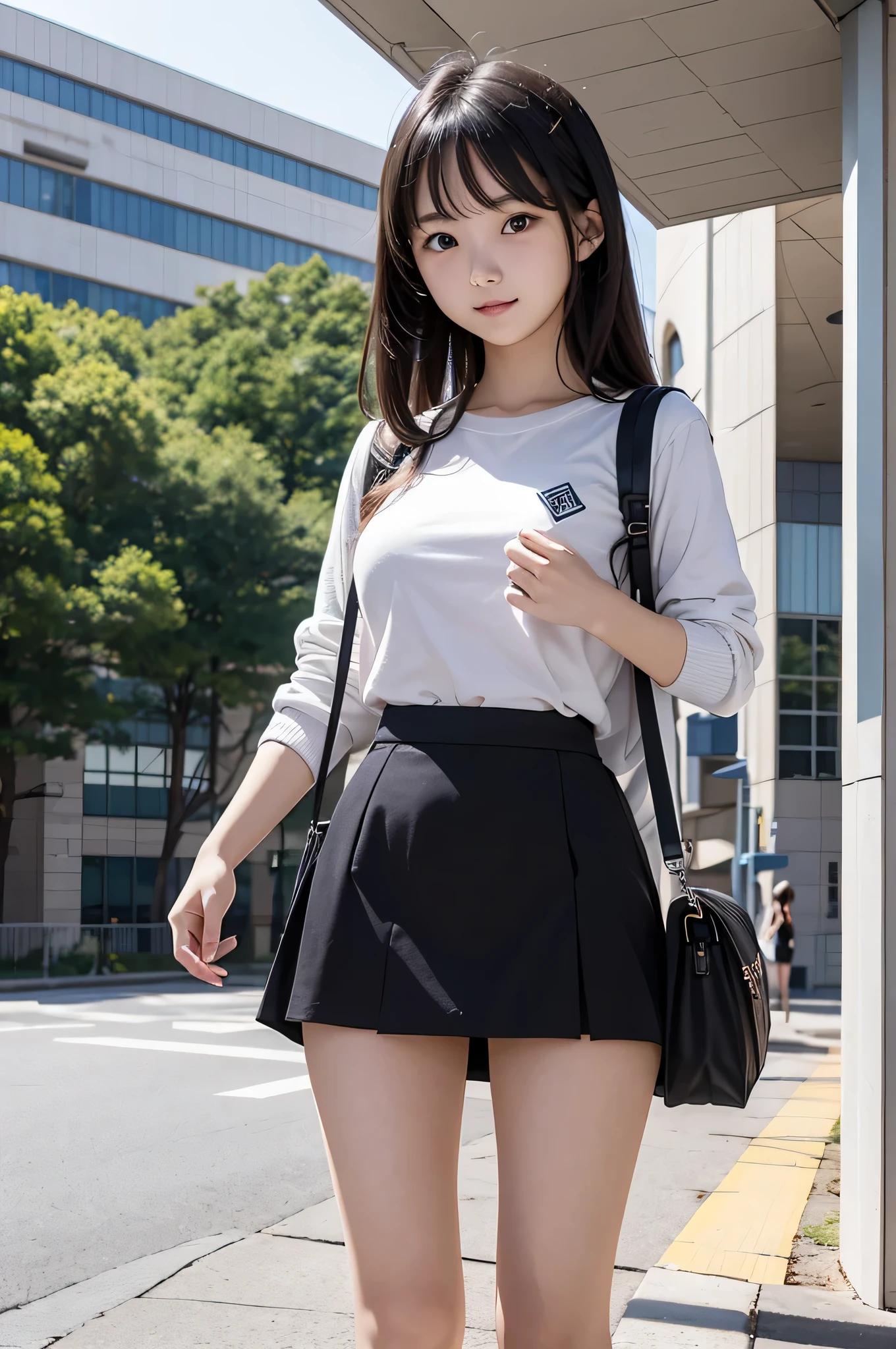 Wear a super mini skirt、I am a 20 year old female college student.、Holding a large amount of materials in both hands in front of a university lecture hall