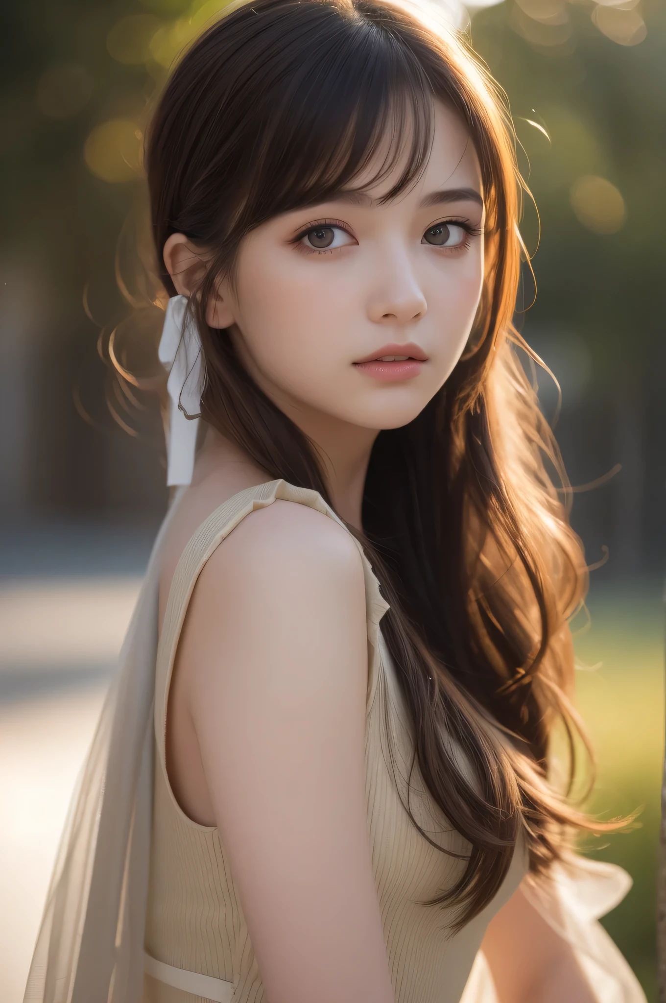 (best quality), (ultra-detailed), (llustration), (detailed light), (an extremely delicate and beautiful), 1young girl, long hair, brown eyes, (Innocent and cute expression), model, Enchanting, Sublime, Ethereal, fantastic, extremely detailed CG unified 8k wallpaper, High-definition raw color photos, professional photography, (Bokeh), twilight, Golden hour, Backlighting, depth of fields,