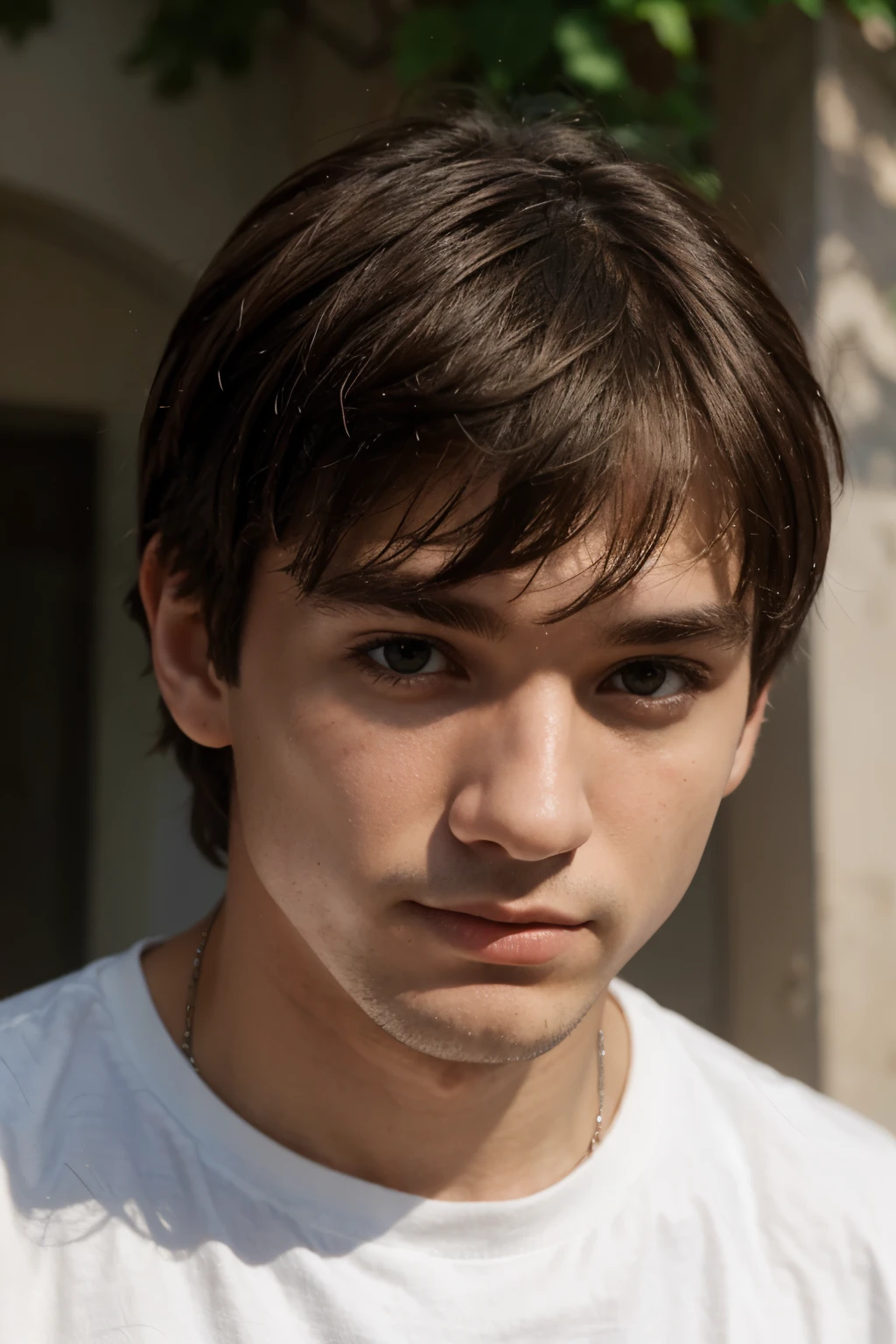 Create a small character, He is a 20 year old European guy with bangs, wearing a white shirt, and a bright face