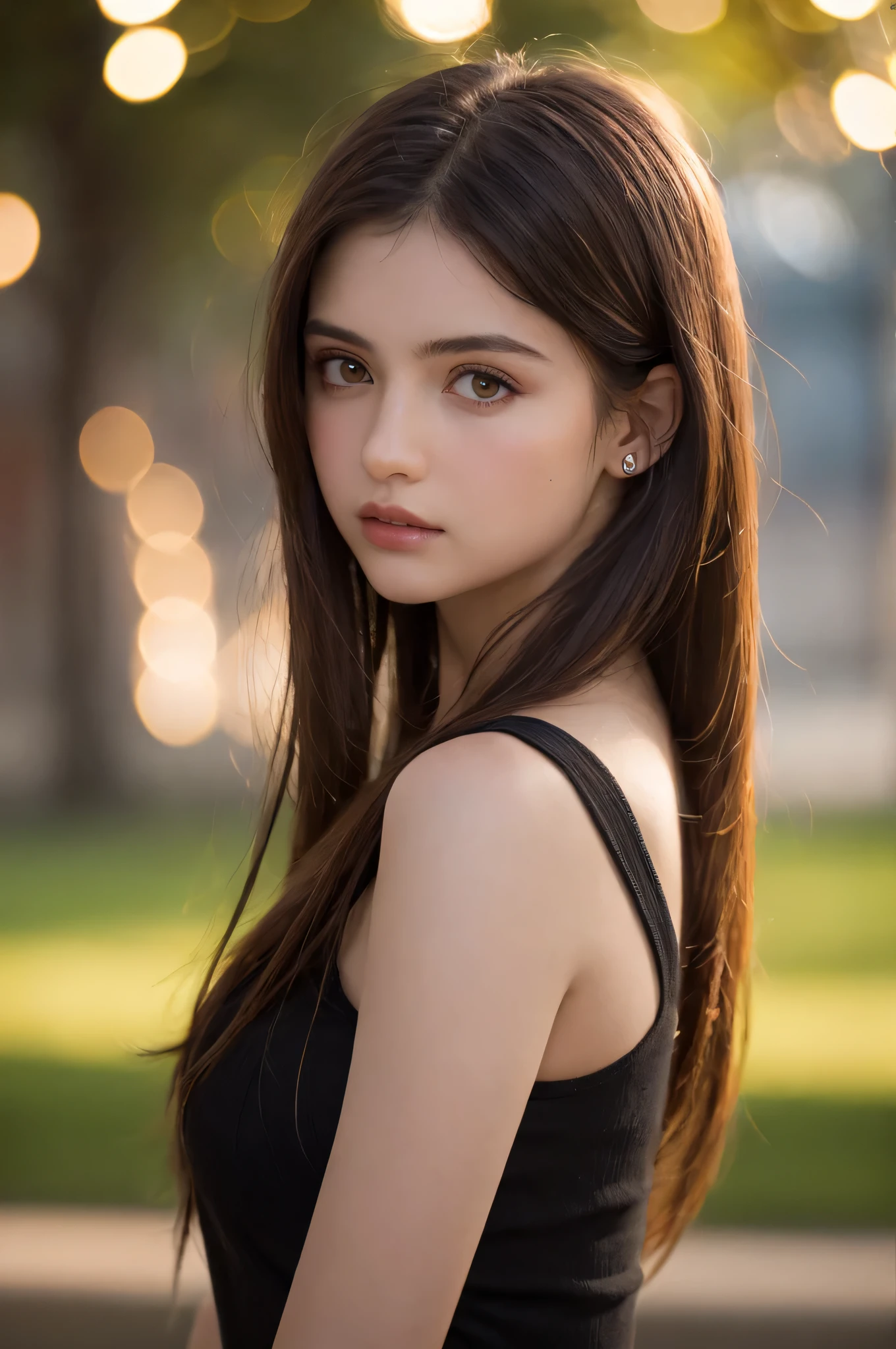 (best quality), (ultra-detailed), (llustration), (detailed light), (an extremely delicate and beautiful), 1young girl, long hair, brown hair, brown eyes, model, Enchanting, Sublime, Ethereal, Sorrow, confusion, best quality, fantastic, extremely detailed CG unified 8k wallpaper, High-definition raw color photos, professional photograpy, (((Bokeh))), twilight, Golden hour, Backlighting, depth of fields,