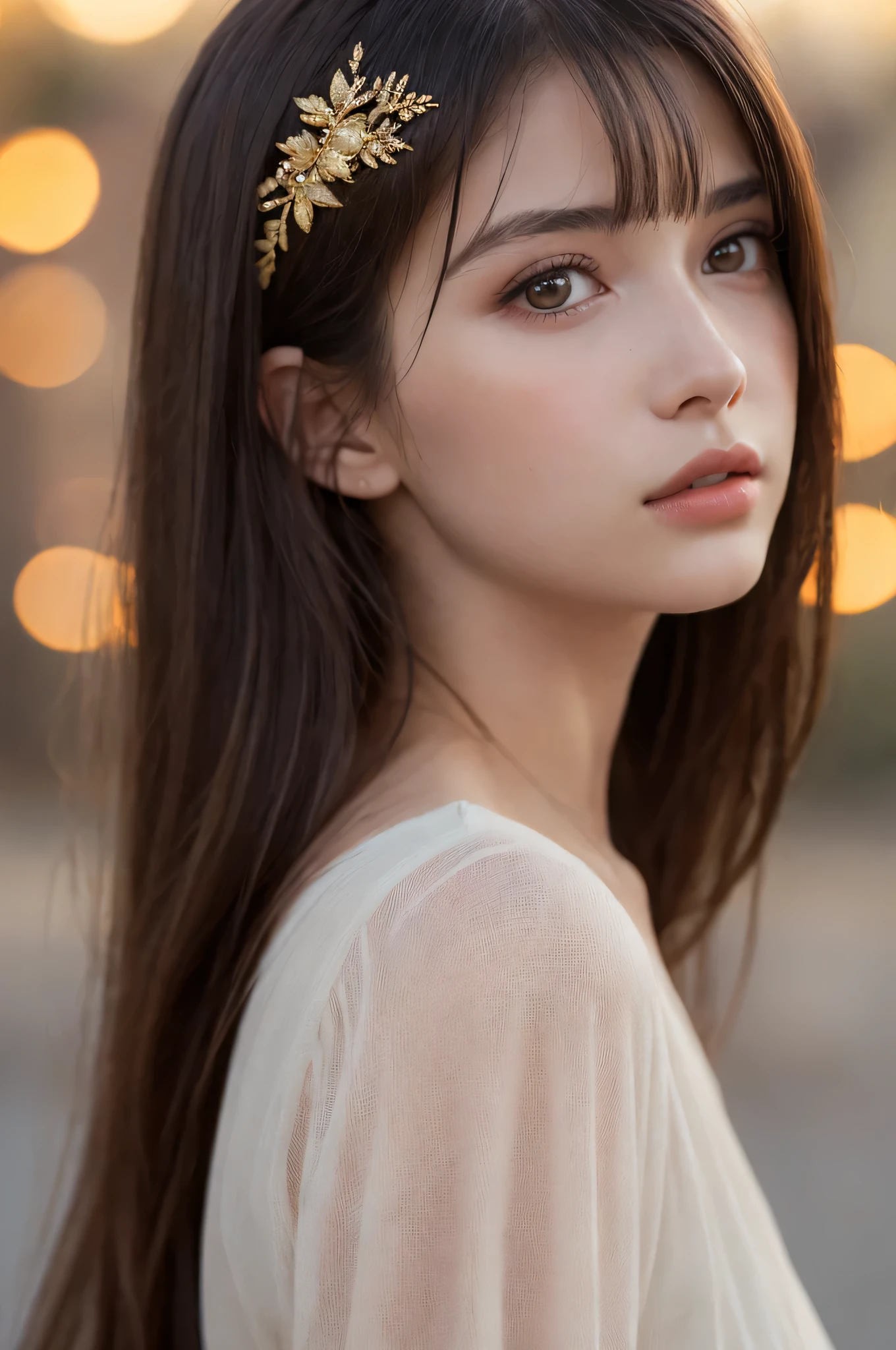 (best quality), (ultra-detailed), (llustration), (detailed light), (an extremely delicate and beautiful), 1young girl, long hair, brown hair, brown eyes, model, Enchanting, Sublime, Ethereal, Sorrow, confusion, best quality, fantastic, extremely detailed CG unified 8k wallpaper, High-definition raw color photos, professional photograpy, (((Bokeh))), twilight, Golden hour, Backlighting, depth of fields,