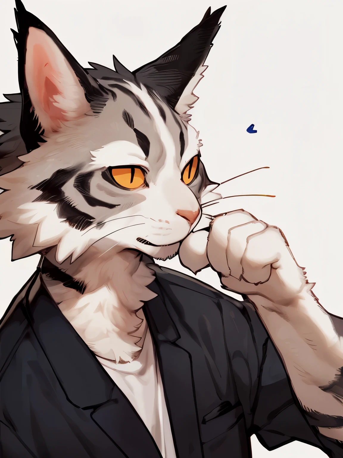 ((By Bebebebebe, by Zackary911, by SpiritD, best quality, masterpiece, perfect anatomy, detailed picture)), 1male, solo, skinny, white shirt, teenager, white cat (Maine Coon cat), handsome, white fur, fully clothed, focus in face