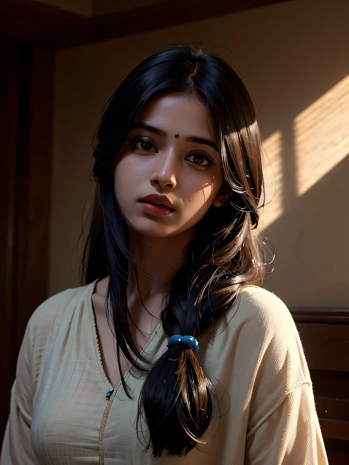 indian girl,wearing sports bra with saree,Best quality, masterpiece, ultra high res, (photorealistic:1.4), raw photo, 1girl, in the dark, deep shadow, low key, cold light