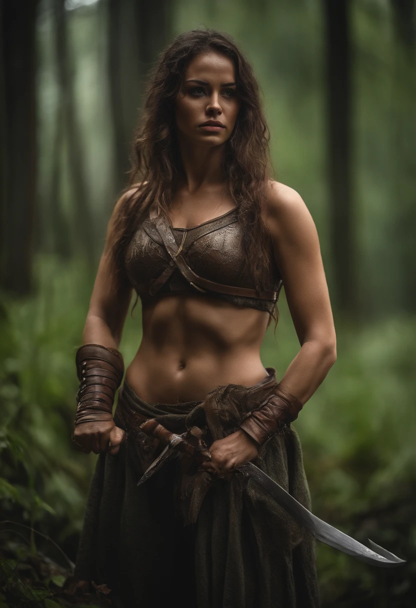 pretty warrior, sweaty hot body, big breast , not wearing cloth, hands wearing bracelets, handling a big sword, in a tense situation and under the rain, beside the wiild tiger, wet. green forest background. realistic, dramatic, detailed