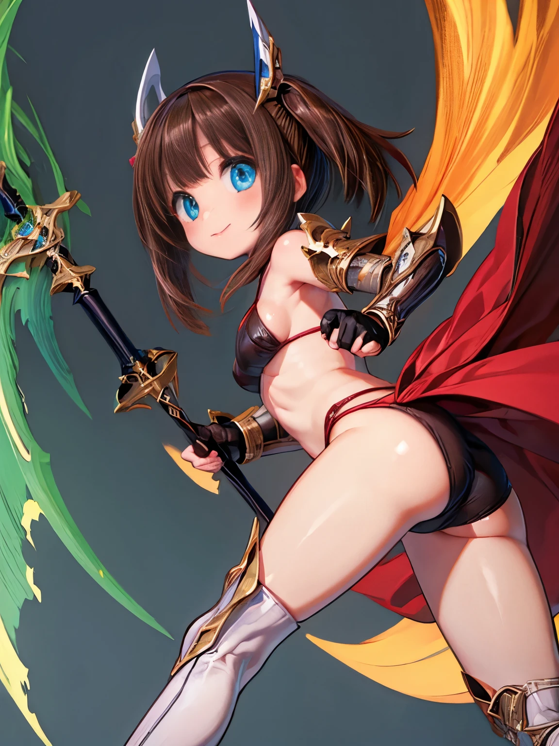 (masterpiece:1.2) , (best quality:1.2) , (ultra-detailed:1.2), 2.5D,extremely detailed,anime,girl,dark brown hair,Medium hair,BREAK,blue eyes,BREAK,bikini armor,smile,action,lance,ass focus