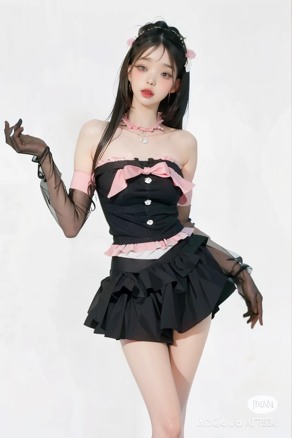 un primer plano de una mujer vestida de negro y rosa, ropa de bruja, traje con volantes, fantasy costume, estilo lolita, traje de mucama, magical girl style, lindocore, traje de alta calidad, y 2 k lindocore clowncore, traje rave, cute traje rave, rosa y negro, , Moda lolita, chica anime cosplay, estilo atractivo