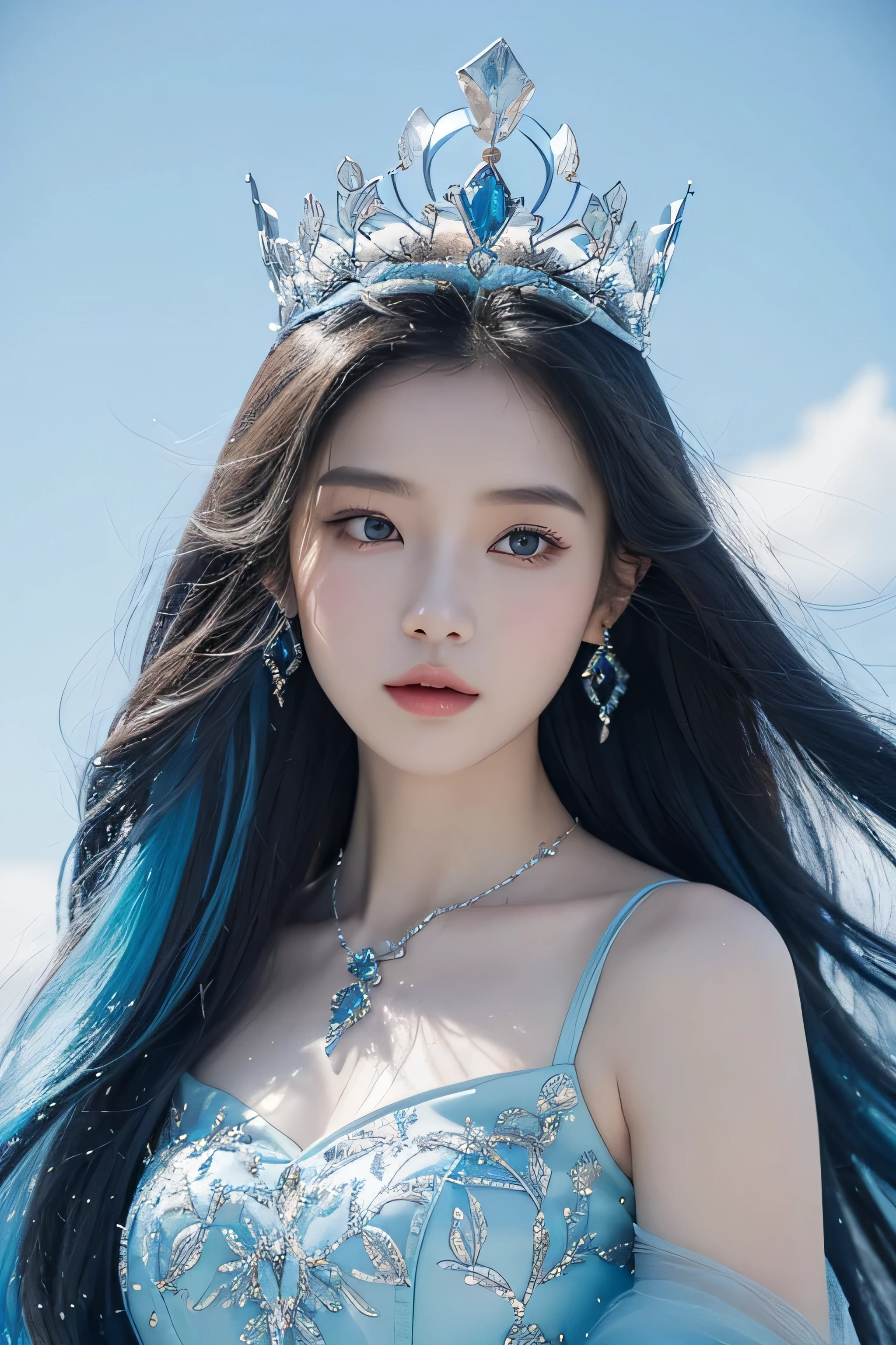 There was a woman dressed in blue,Wearing a necklace,((beautiful fantasy queen).Inspired by Shen Si Zheng,sky blue.fine hair,The princess of falling winter snow,LCE Princess,Guvez-Stivell artwork,8k)),fantasy aesthetics!.Gurwitz,ice queen,8k high quality detailed art. uniform clothing