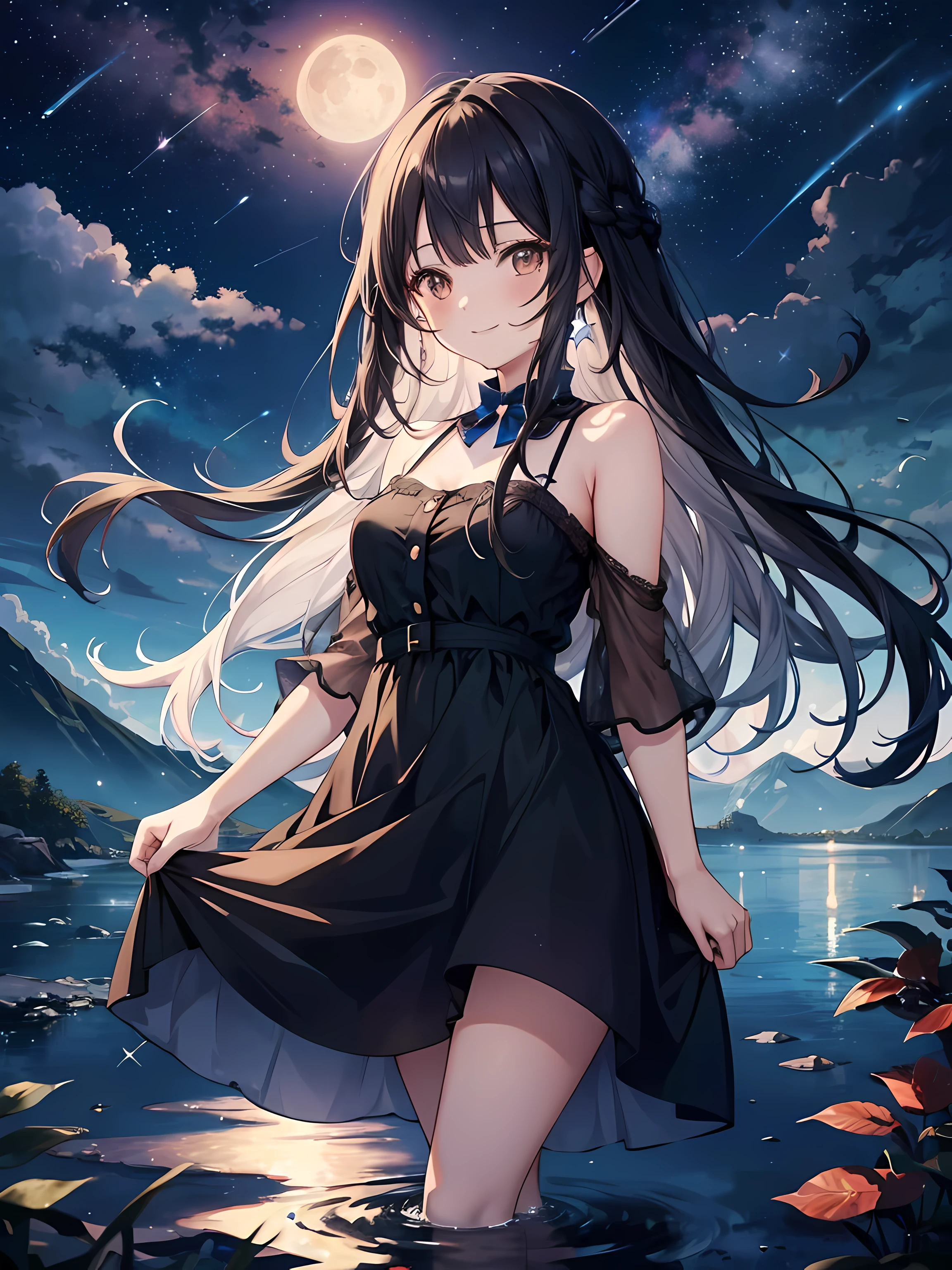 anime girl standing in water, night, starry sky, stars, shooting stars, full moon, (1girl), long black hair, brown eyes, blue dress, smile, ultrasharp, masterpiece, high res, 8k