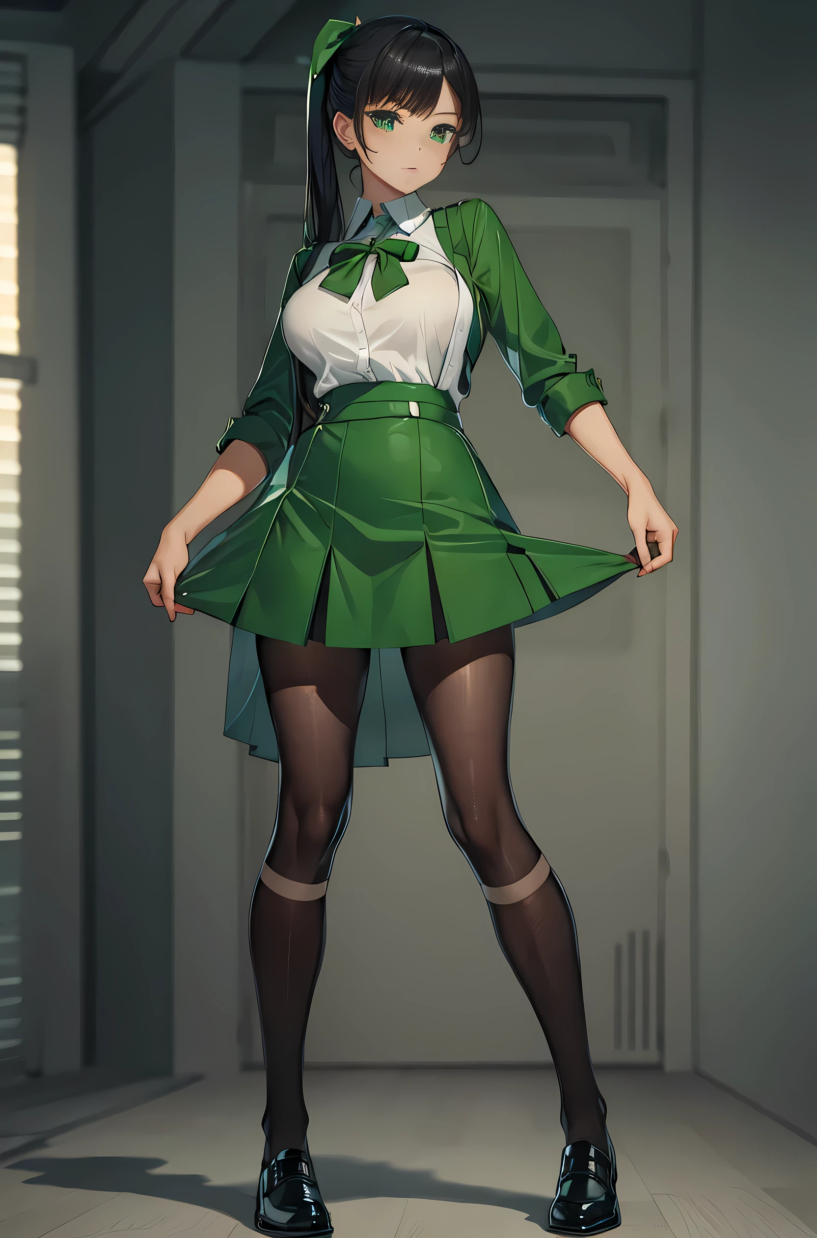 sexy man in green uniform、Popular with women all over the world.。。I like green。Frontal photo from head to toe。shoes are sexy。kind eyes, and a beautiful voice.。Please generate a full-body frontal image
