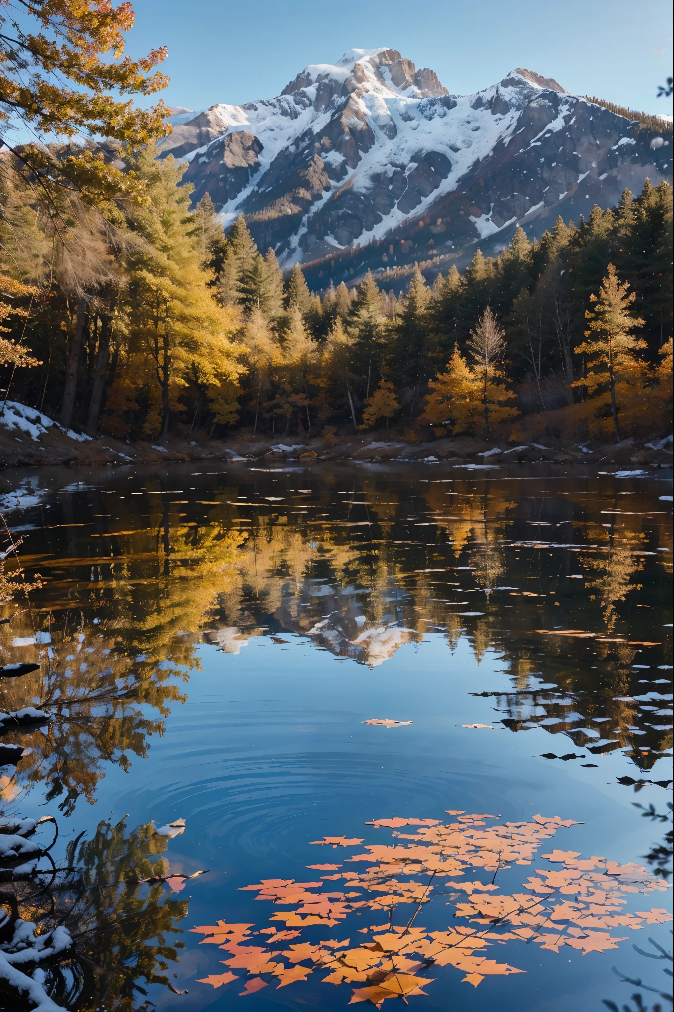A crystal-clear mountain lake reflecting the snow-capped peaks above, with sunlight filtering through the leaves of autumn trees lining the shore. Capture the water's ripples and the vibrant colors of the foliage.