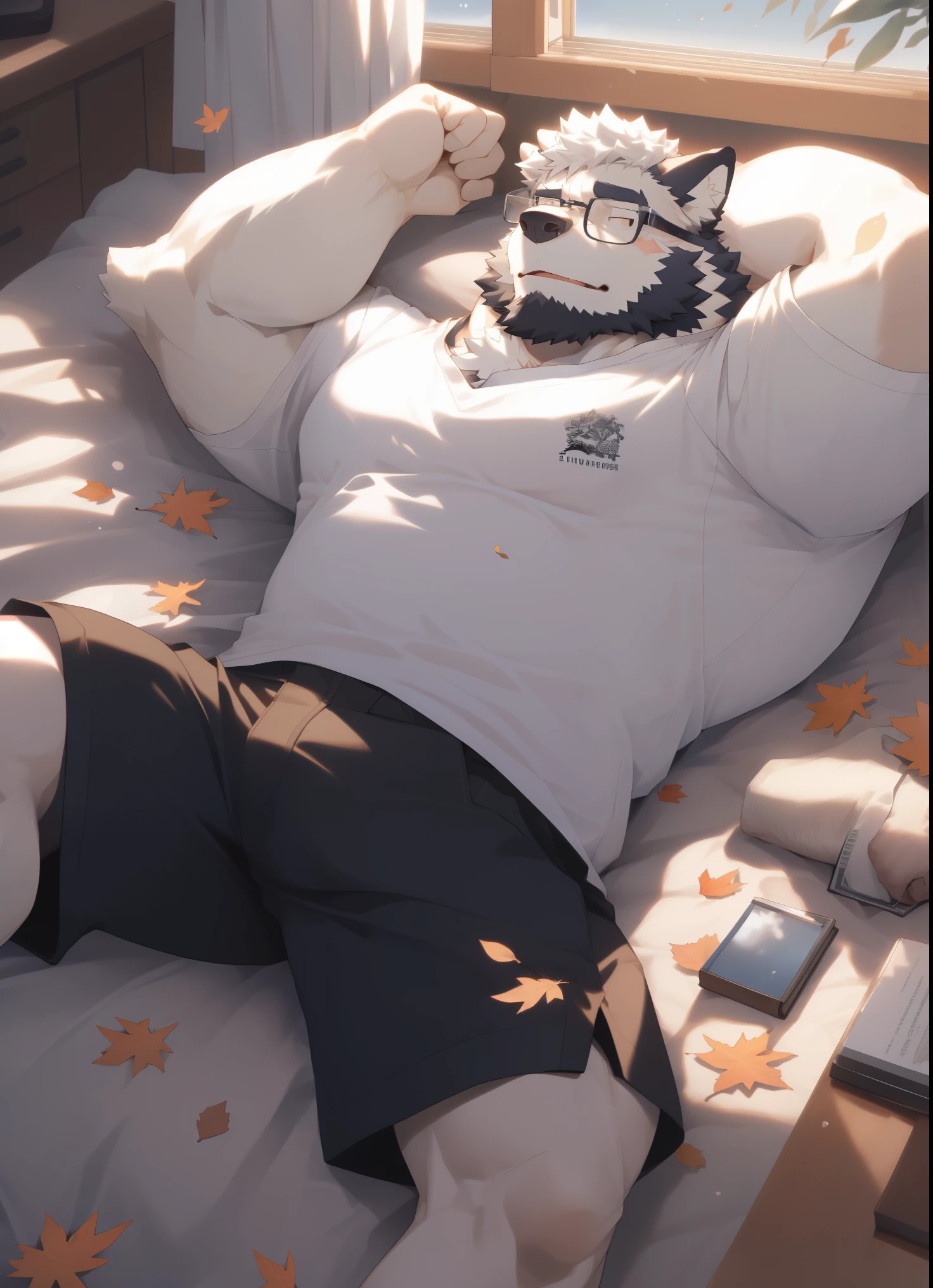 hairy,(Wolf,White short sleeves,Black-rimmed glasses,shorts,white socks),beard,white fur,male,Common,full-body shot, dynamic poses,in bedroom,Lying in bed,Sleep lying down,Close eyes,Fallen leaves drift into the room outside the window,Detailed background,极其lifelike阴影,masterpiece,Very detailed,lifelike