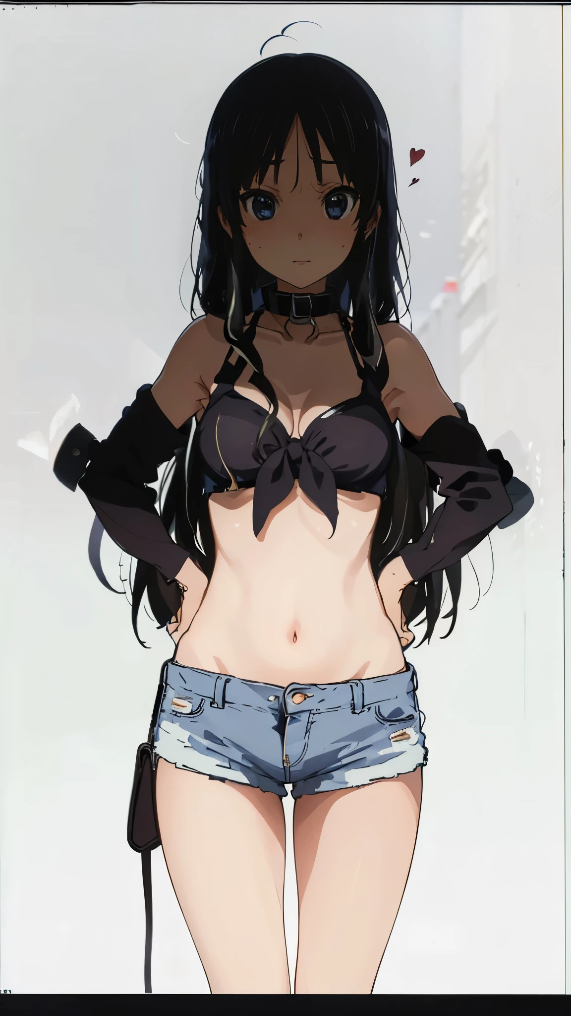 masterpiece, highres, solo, 8k, detailed, perfect face, (ultra high quality), looking viewers, collar bones, armpit, medium breast, cleavage, black hair, long hair, blue eyes, belly, stomach, navel, crop tanktop, denim short, mini short, slim body, smile, blush, thigh