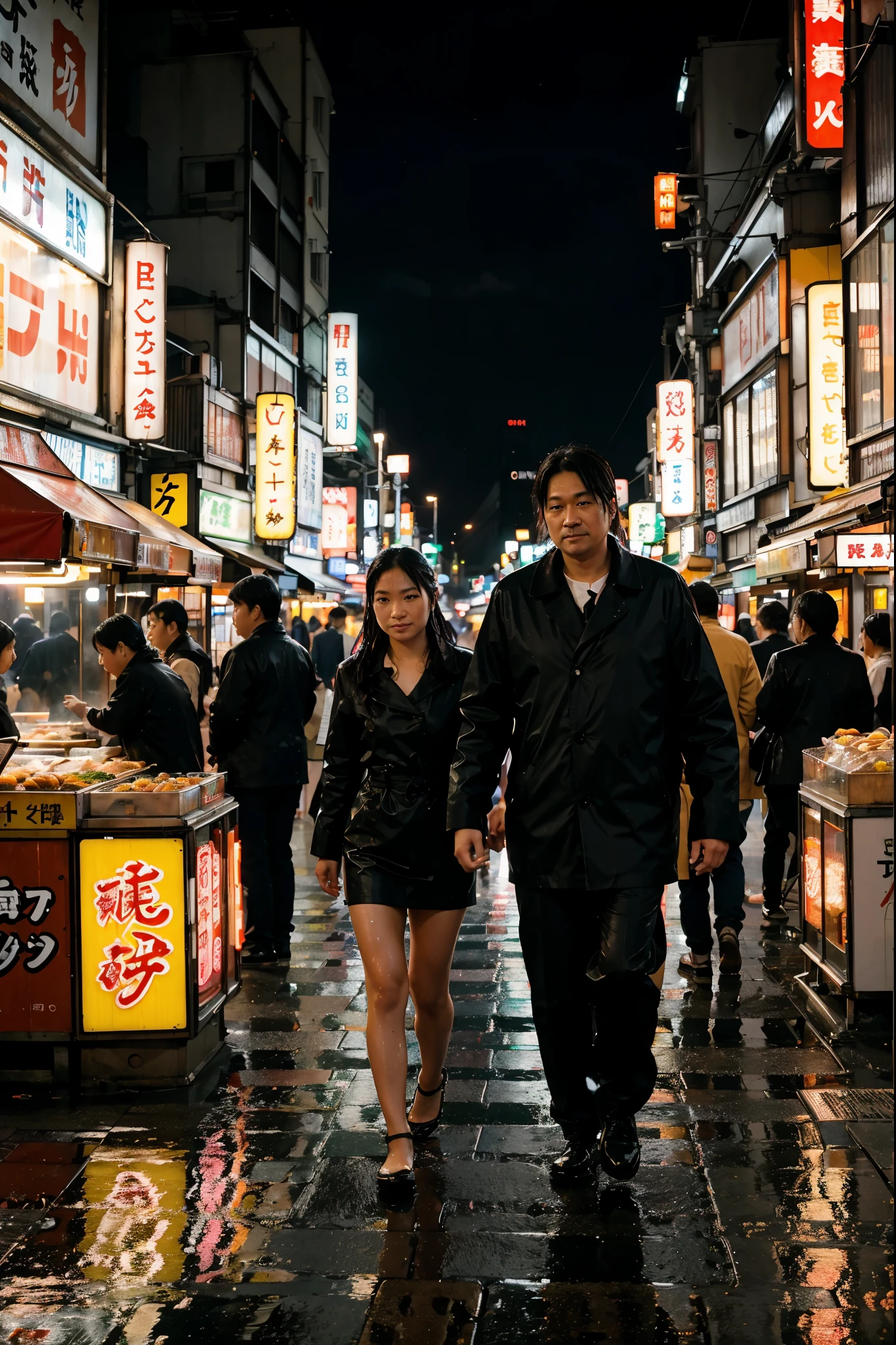 A bustling Tokyo street market at dusk, neon signs illuminating the colorful stalls and steam rising from food vendors. Focus on capturing the reflections of light on the wet pavement and the diverse expressions of the crowd.