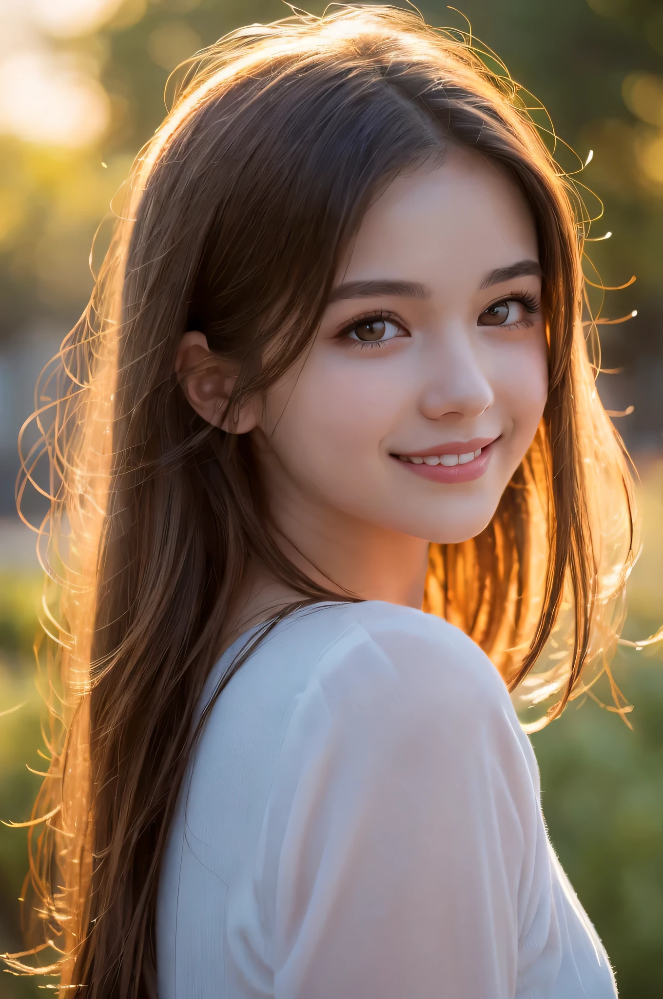 (best quality), (ultra-detailed), (llustration), (detailed light), (an extremely delicate and beautiful), 1ung girl, long hair, brown eyes, (smile slightly, Innocent and cute expression), model, Enchanting, Sublime, Ethereal, fantastic, extremely detailed CG unified 8k wallpaper, High-definition raw color photos, professional photography, (Bokeh), twilight, Golden hour, Backlighting, depth of fields,