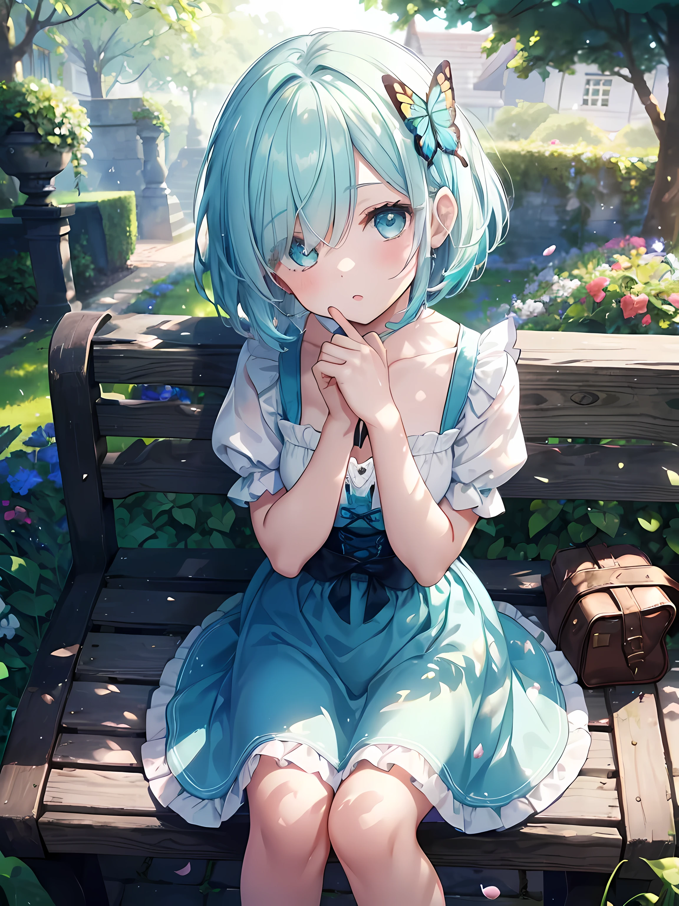 ((solo:1.2)),cute girl sitting on bench in garden, frilled dirndl, from above, looking up, cobblestone pavement, aqua hair, fine bob cut,(hair over one eye),(dappled sunlight:1.2),blurry,(depth of field:1.1),head tilt,:o, (petals),tree, butterfly, good lighting quality, ultrasharp, masterpiece, high res, 8k