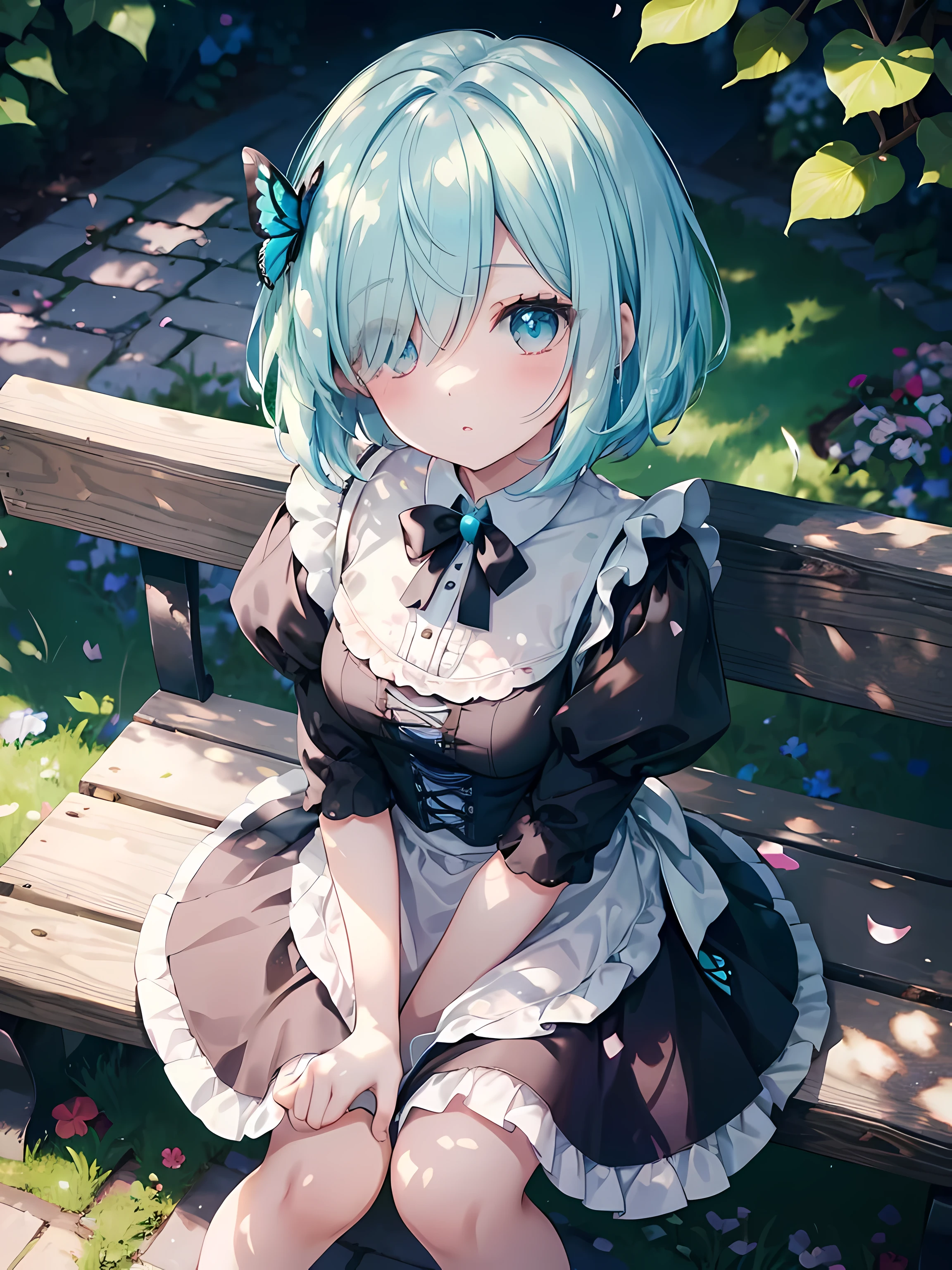 ((solo:1.2)),cute girl sitting on bench in garden, frilled dirndl, from above, looking up, cobblestone pavement, aqua hair, fine bob cut,(hair over one eye),(dappled sunlight:1.2),blurry,(depth of field:1.1),head tilt,:o, (petals),tree, butterfly, good lighting quality, ultrasharp, masterpiece, high res, 8k