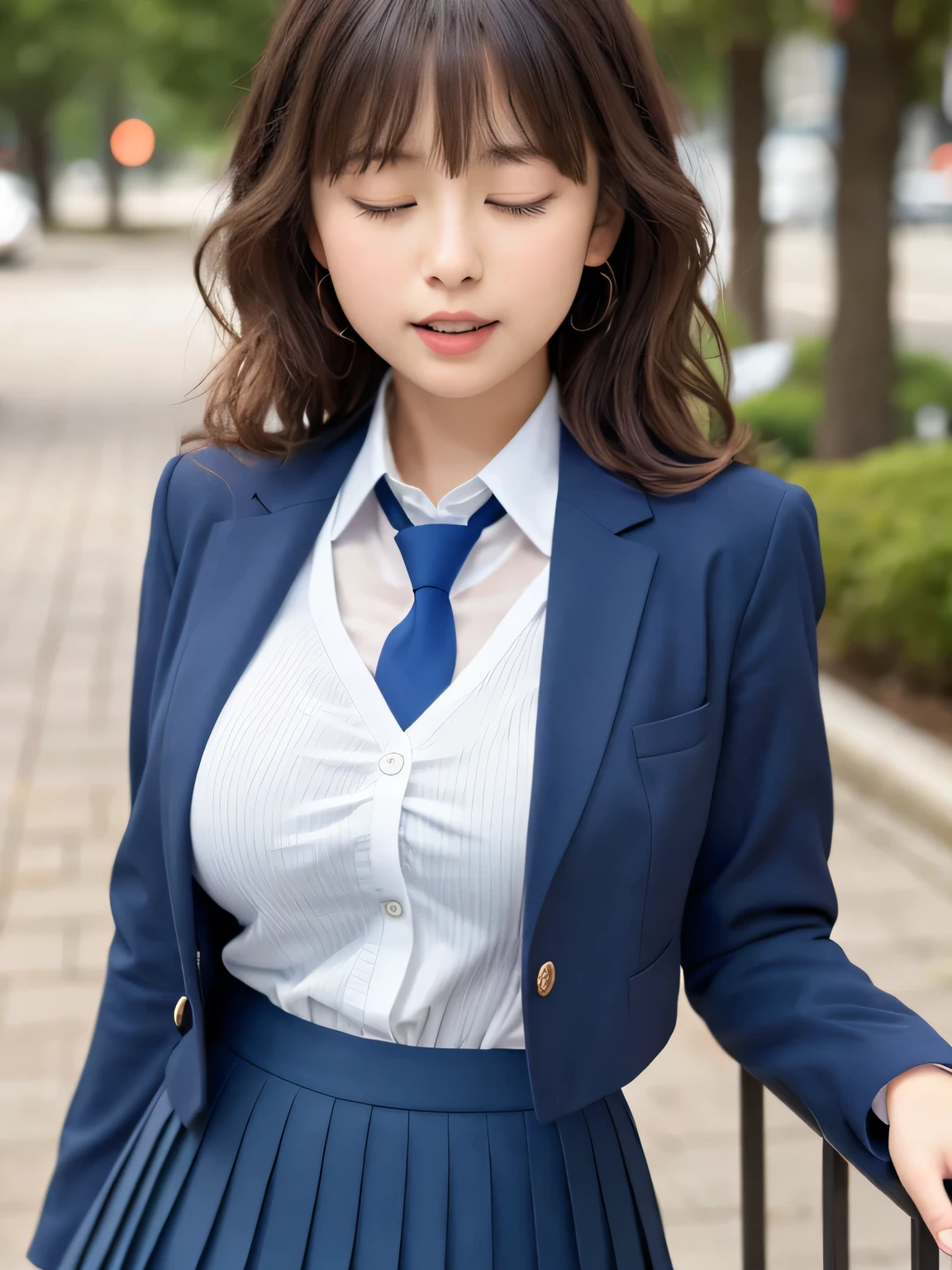 8k, highest quality, real image, intricate details, Super detailed, ultra high resolution, depth field,(realistic,realistic:1.2),from the middle, (closed my eyes:1.2), (open mouth:1.3), 1 Japanese girl, very beautiful 17 year old girl, Big eyes, beautiful breasts:1.5、highly detailed eyes:1.2), (beautiful breasts:1.1), (small breasts:1.3), wavy hair、curly hair、bangs, perfect skin, Fair skin, huge hips, thick thighs, thick legs, cleavage, tight waist, light blush, alone, (a tearful look:1.1), (School_uniform),(dark blue blazer), (white shirt、wear a tie), (gray pleated skirt), (sculpture installation :1.1), break (put your hand on her crotch)